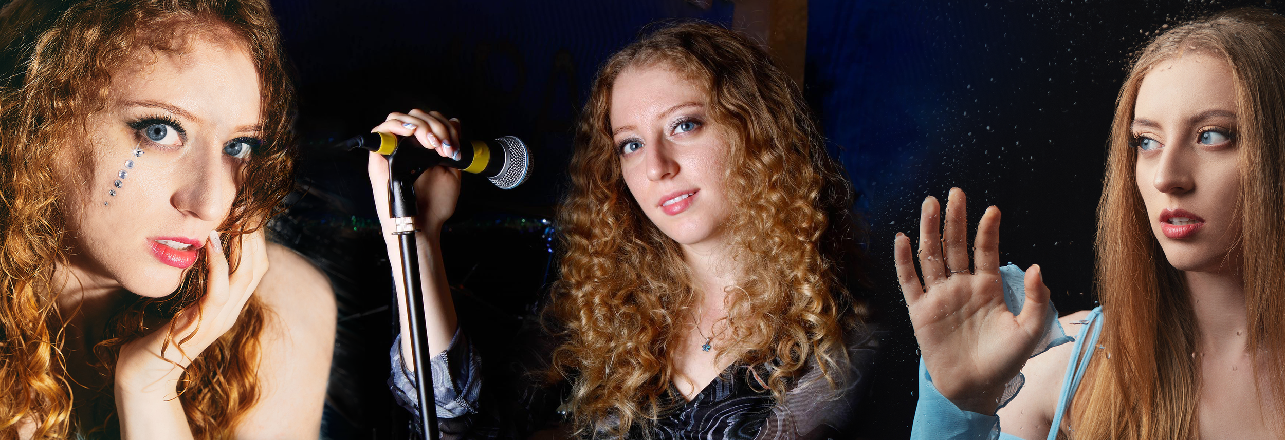 Three photos of Lola Violet with curly red hair, wearing makeup, posing behind a glass window with water droplets. The first photo she is touching her face, the second she's holding a microphone, and the third she's touching the glass with her hand.