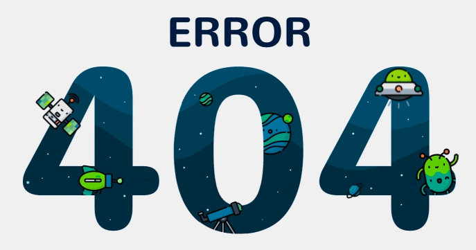 Space-themed 404 error message with planets, a satellite, a spaceship, and cartoon alien characters surrounding the number 404 and the word ERROR.