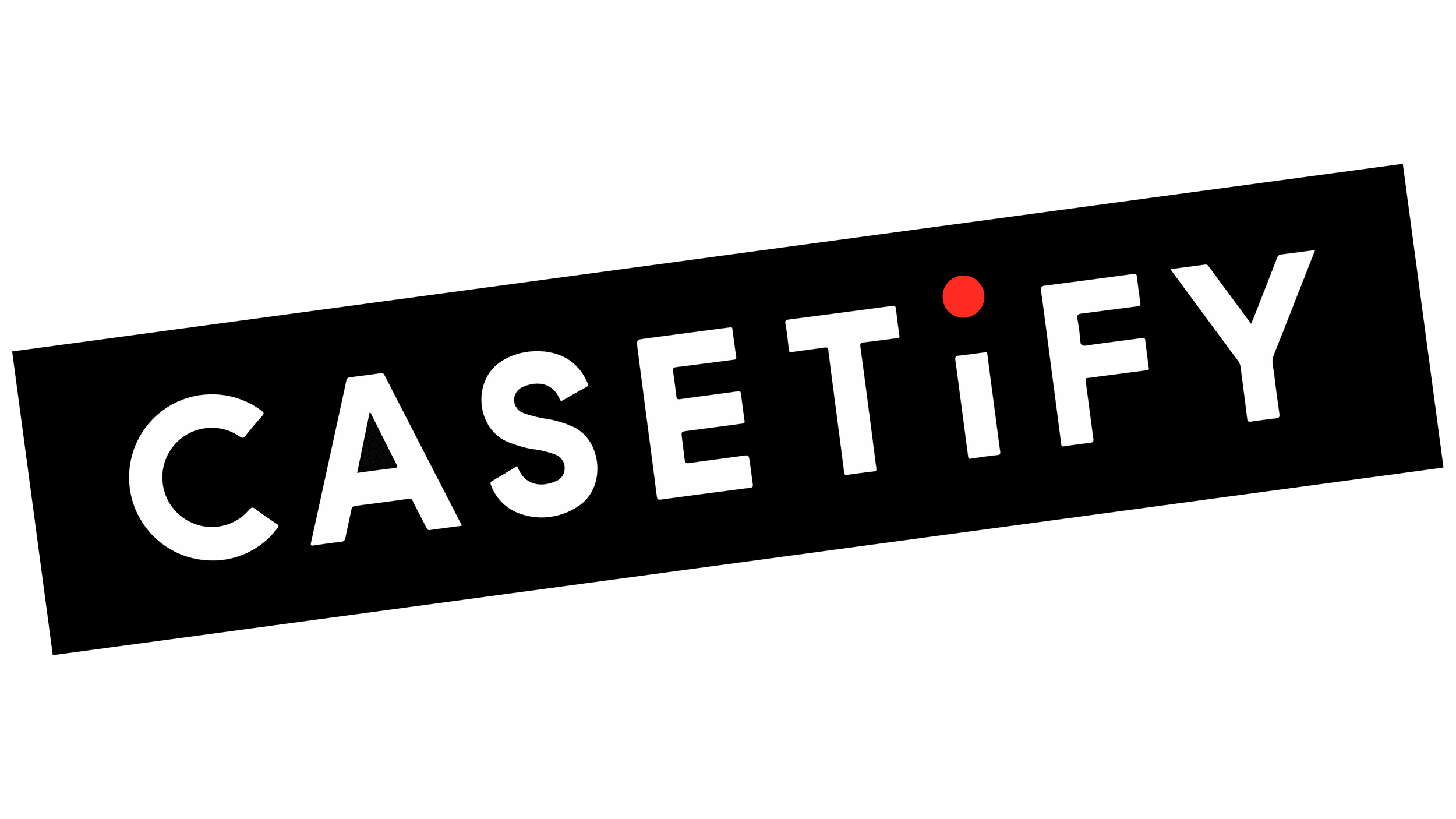 The word 'CASETiFY' in white letters on a black tilted rectangle background, with a small red dot over the letter 'i'.