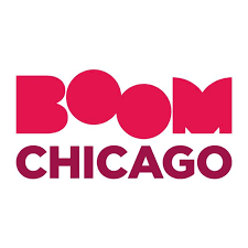 Logo with the words 'BOOM CHICAGO' in bold pink and purple letters.
