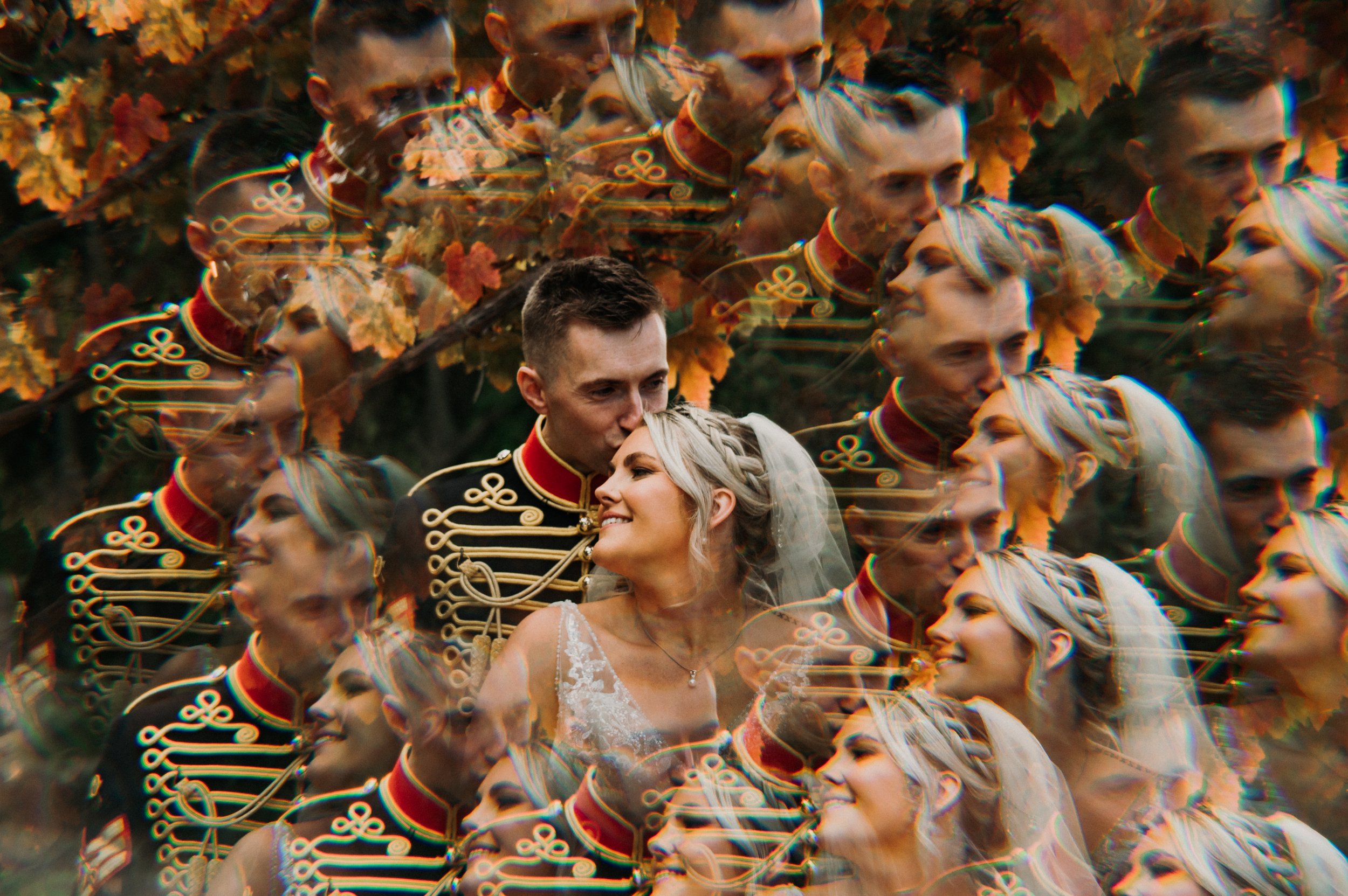 A fractal image of the bride and groom sharing a glance in the gardens after their wedding ceremony at Sneaton Castle, Whitby.
