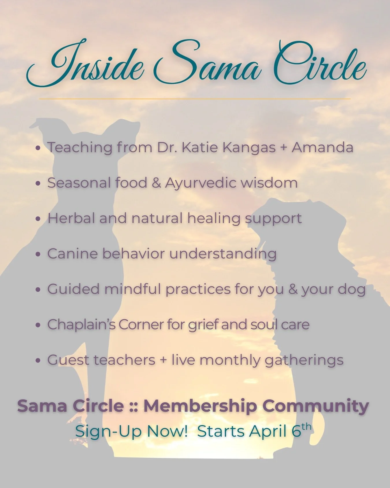 Inside Sama Circle 🌿

Holistic learning.
Natural care.
Mindful connection.
Support for both you and your dog.

Doors are open now &mdash; we begin April 6th.
Link in bio.

#HolisticDogCare #DogWellness #NaturalDogCare #ConsciousDogParent #SamaCircle