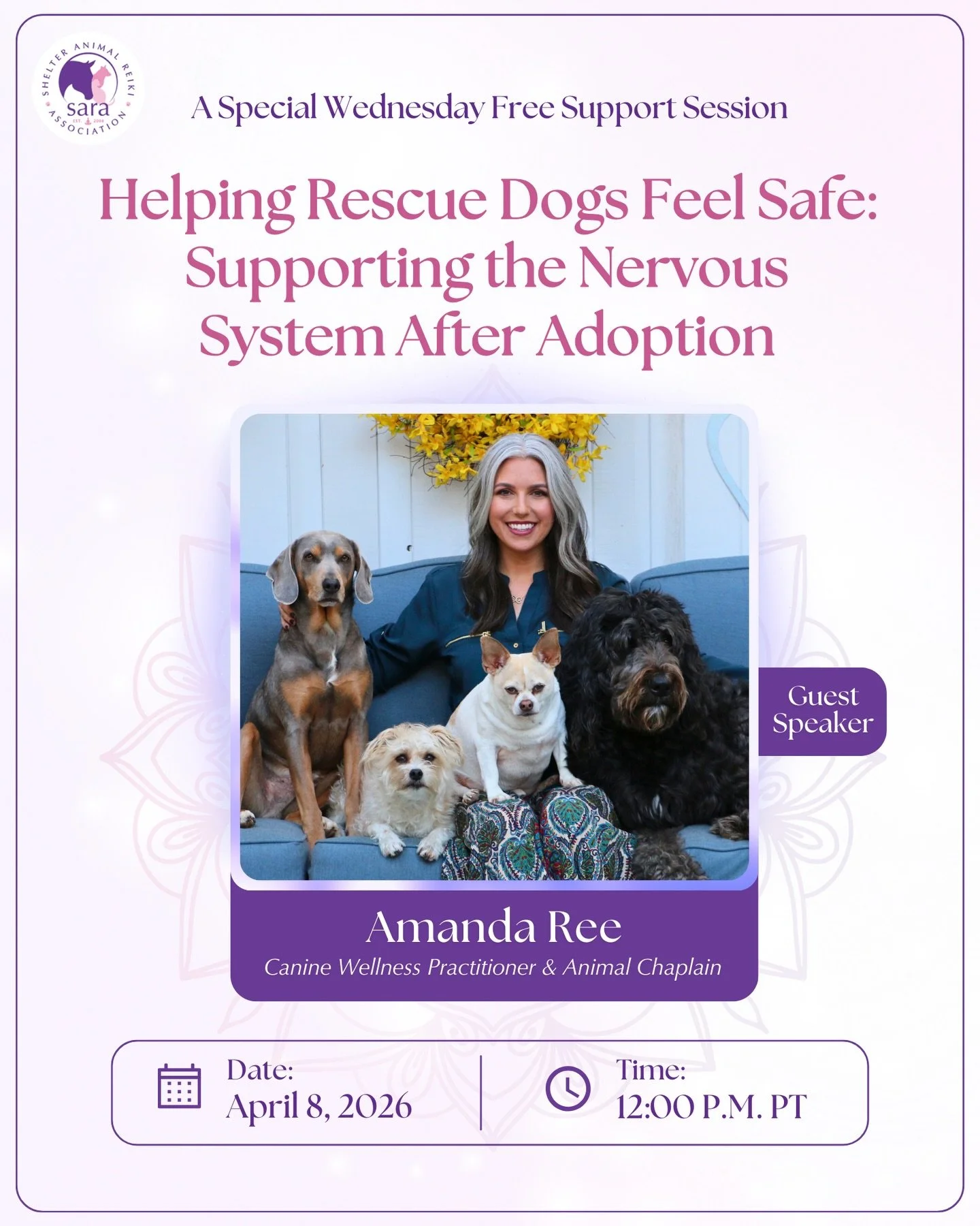 I&rsquo;m honored to be joining the Shelter Animal Reiki Association for a special Wednesday support session on helping rescue dogs feel safe and supported after adoption.

Many dogs come into their new homes carrying stress, fear, or trauma. In this