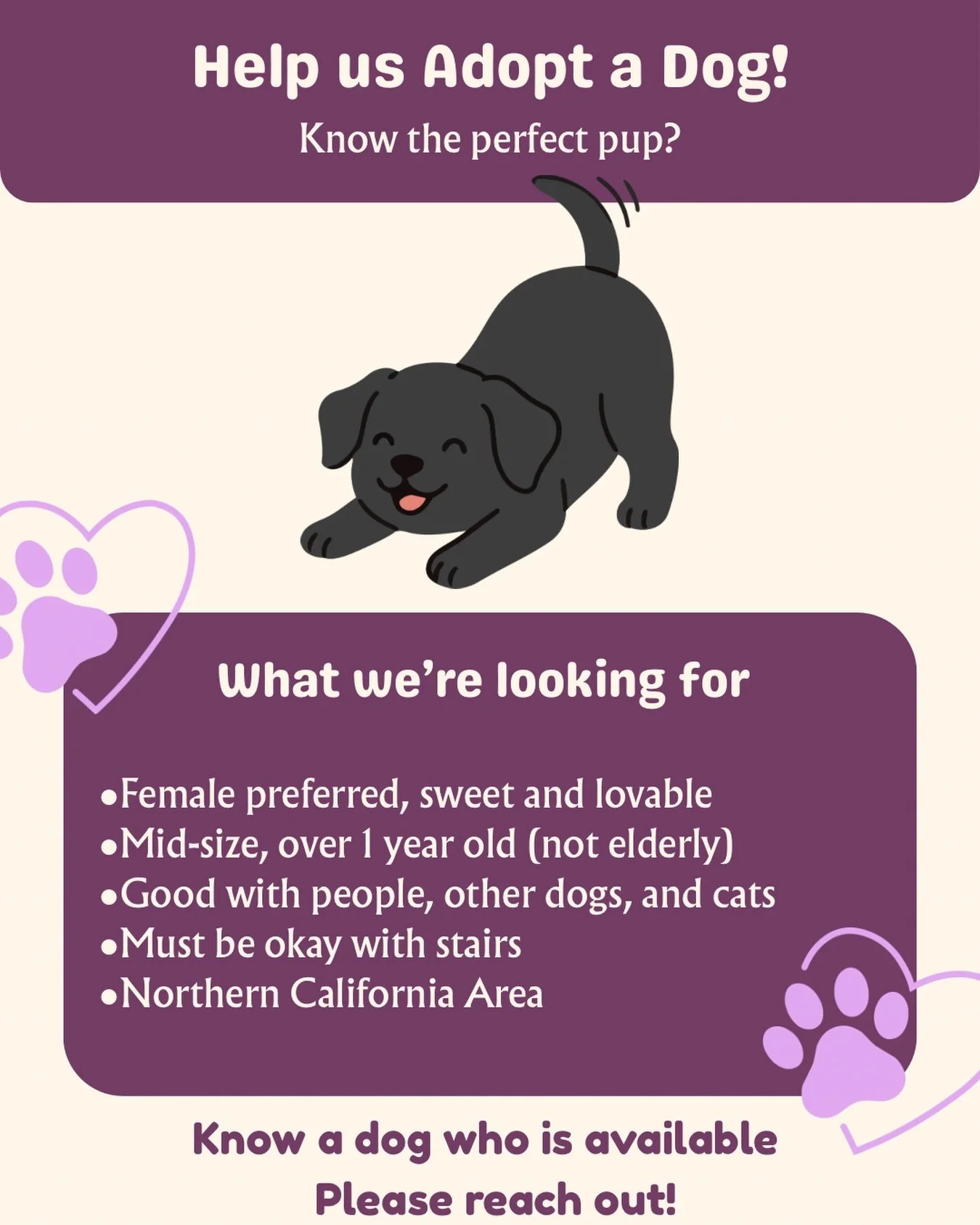 We&rsquo;re looking to be matchmakers and need your help! 💕

Our friend Karen is looking to adopt a dog here in Northern California - so we&rsquo;re on the lookout for an ideal companions! And what a lucky dog too because Karen is an incredible, con