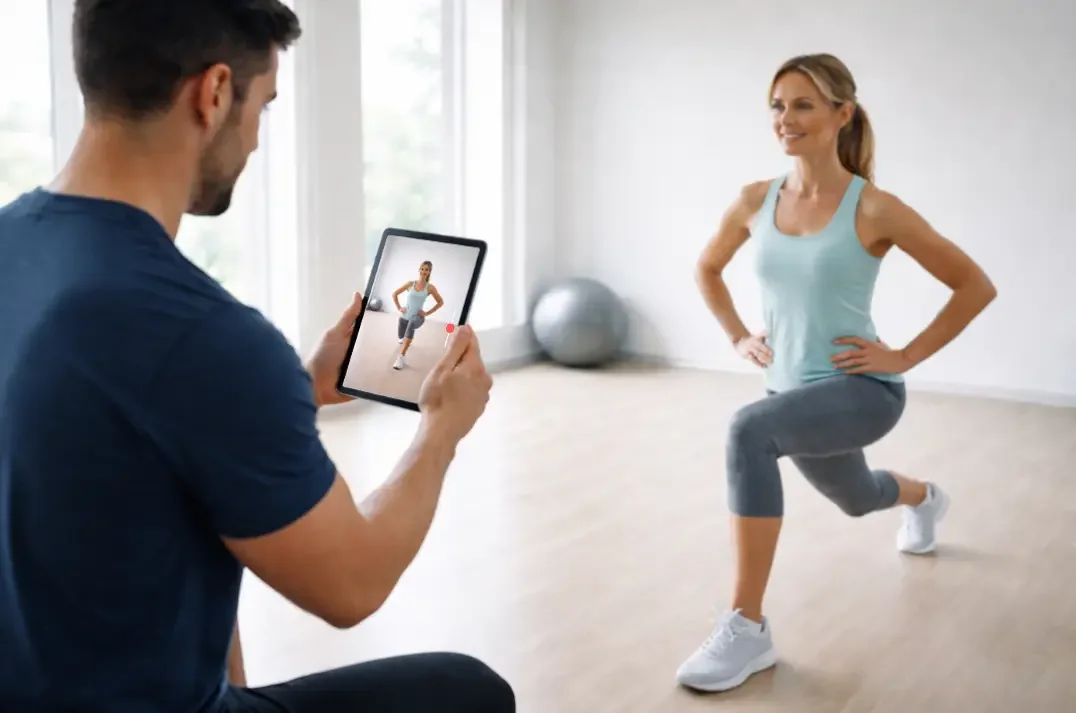 woman doing a forward lunch assessment in front of a camera
