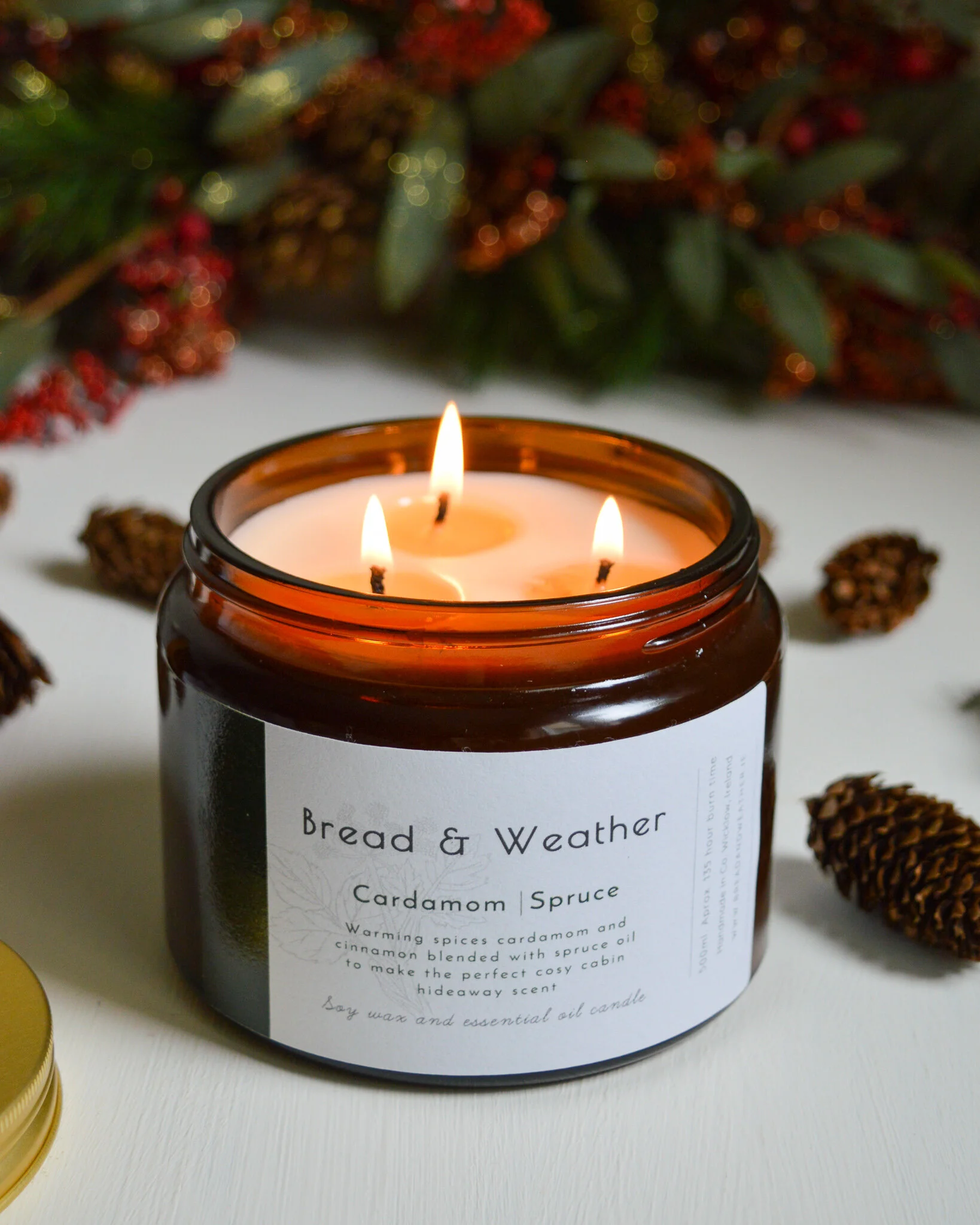 Cardamom Spruce essential oil large soy candle. Eco friendly candles Ireland. Best plastic free gifts in Ireland.