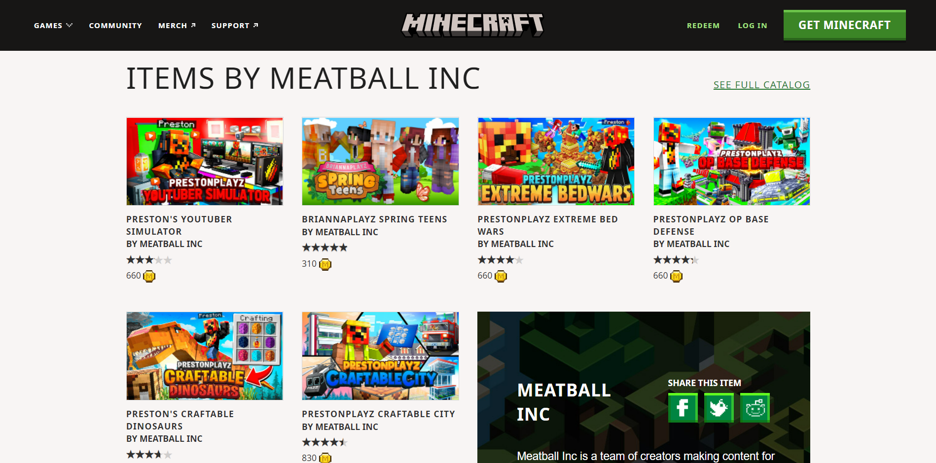 Minecraft Marketplace, Catalog