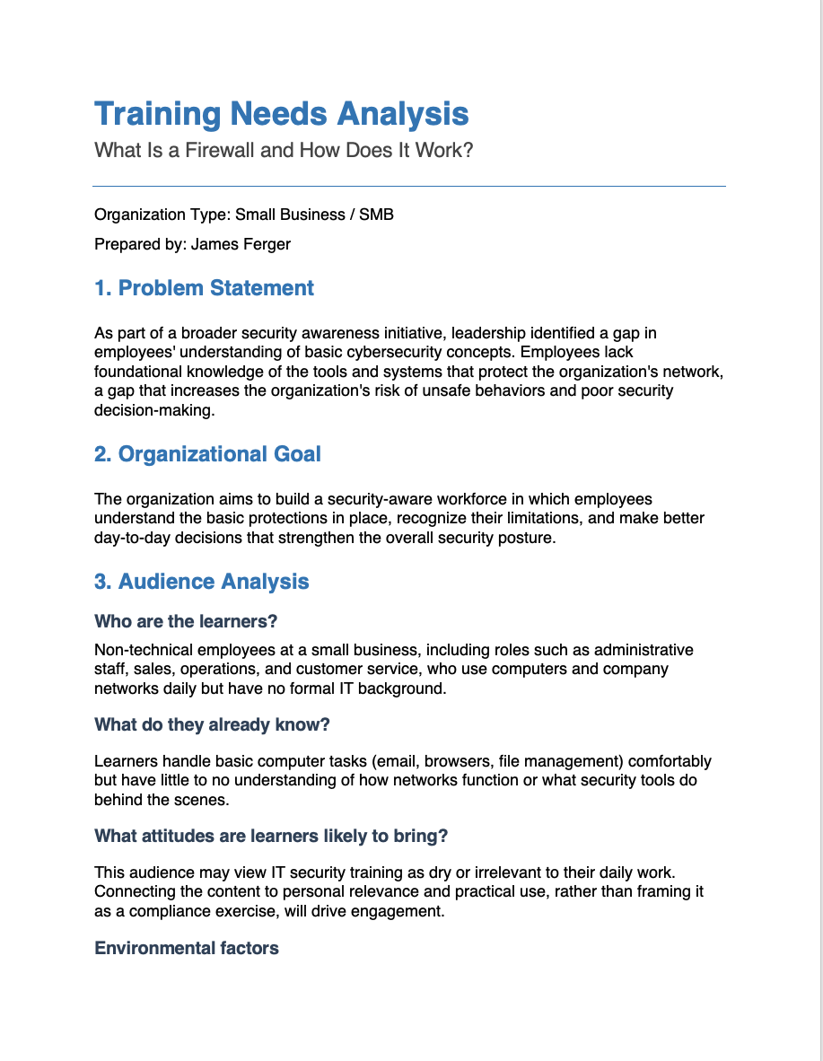 Needs analysis document displaying Problem statement, organizational goal, and Audience Analysis