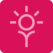 Icon of a light bulb with rays emanating from it, on a pink background.