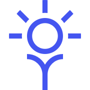 Simple blue line drawing of a light bulb with rays and a leaf beneath it