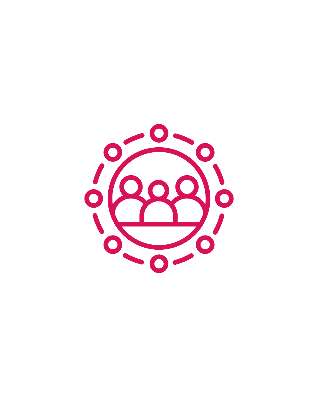 Pink outline icon of three people inside a circle, with a dotted outer circle, on a black background.