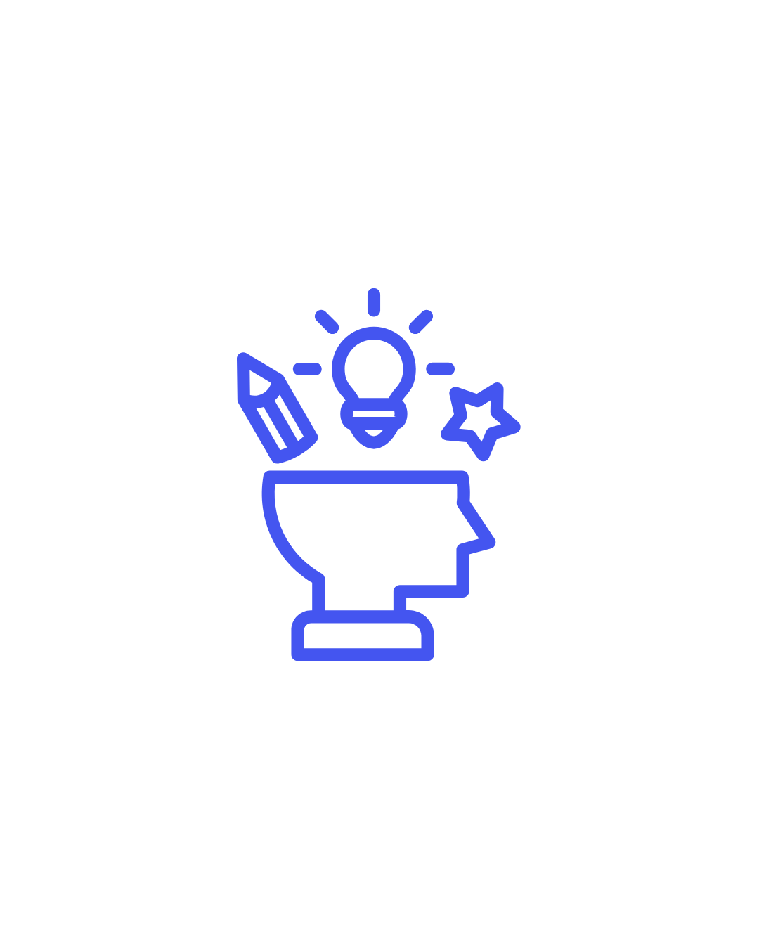 Line drawing of a human head silhouette with an open top. Inside the head there's a lightbulb, a pencil, and a star, symbolizing ideas and creativity.