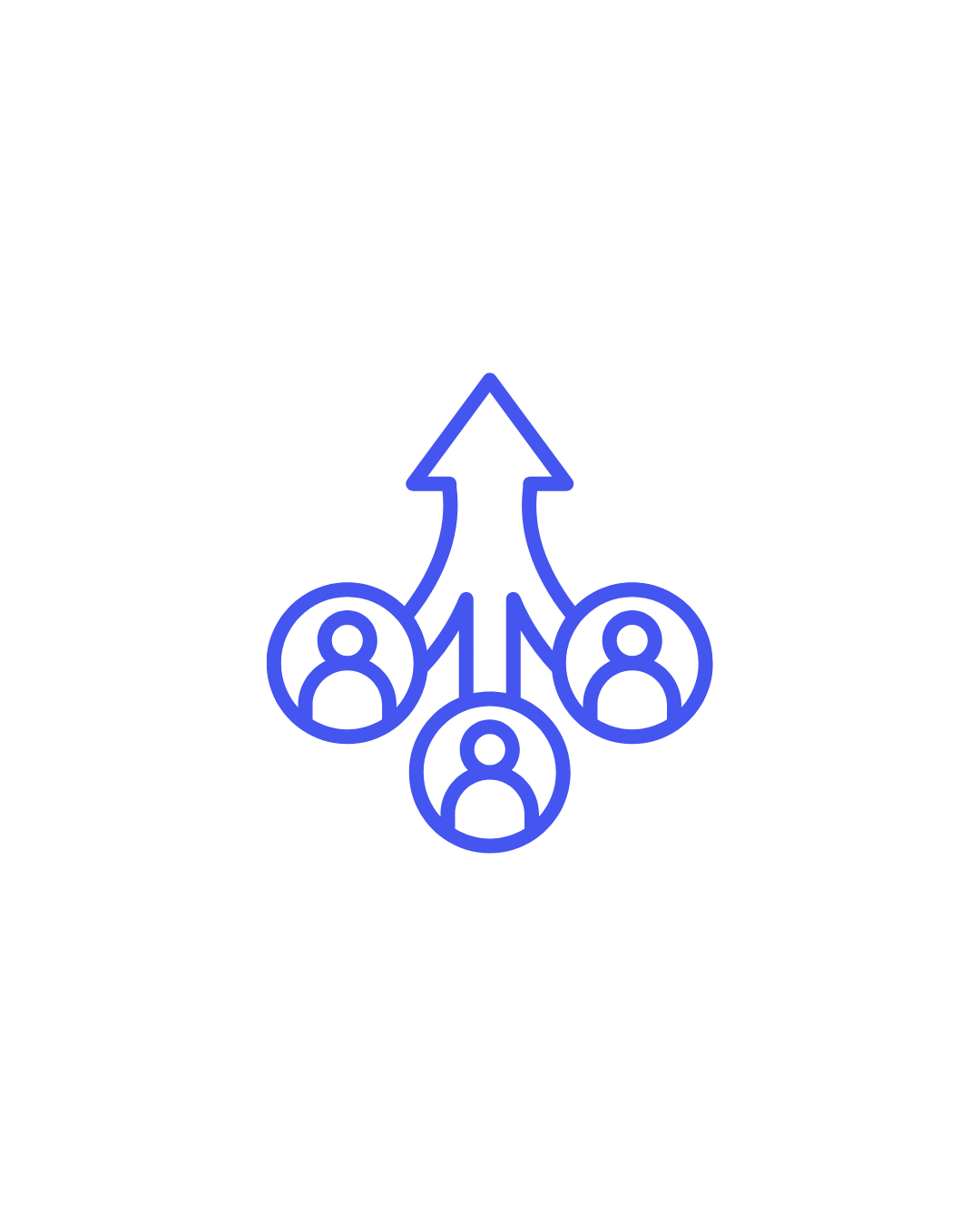 Blue neon icon of three people connected by an upward arrow, representing teamwork or growth