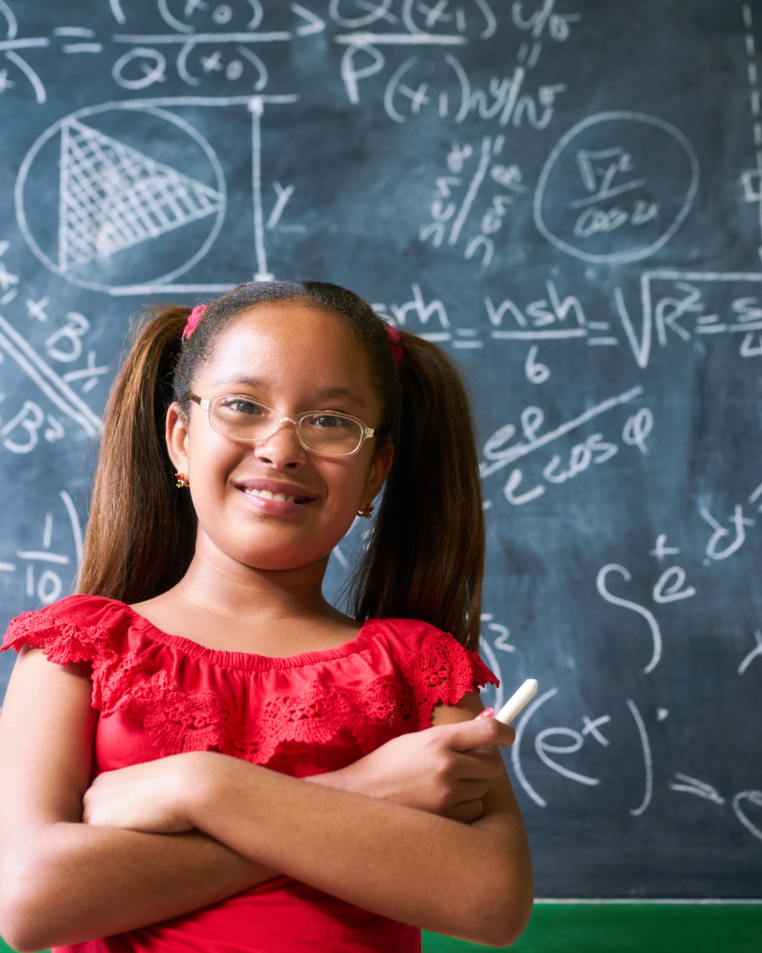 A young girl with glasses and long hair in pigtails, wearing a red dress, standing in front of a blackboard filled with mathematical equations and diagrams.