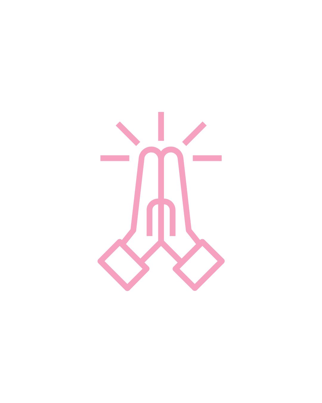 Neon pink and white graphic of praying hands with rays emanating from the top, on a black background.