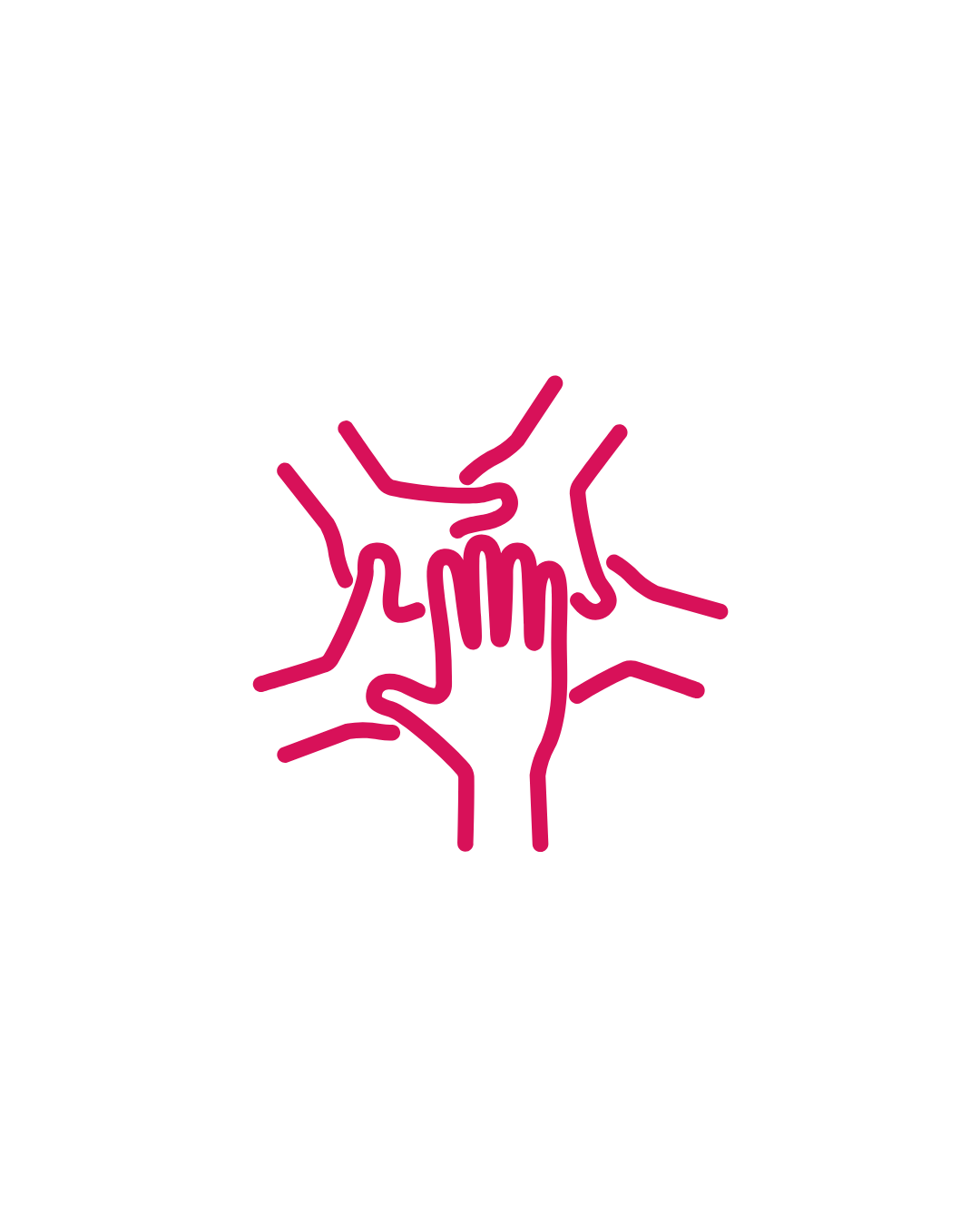 Illustration of multiple hands stacked together in a gesture of unity, depicted with pink lines on a black background.