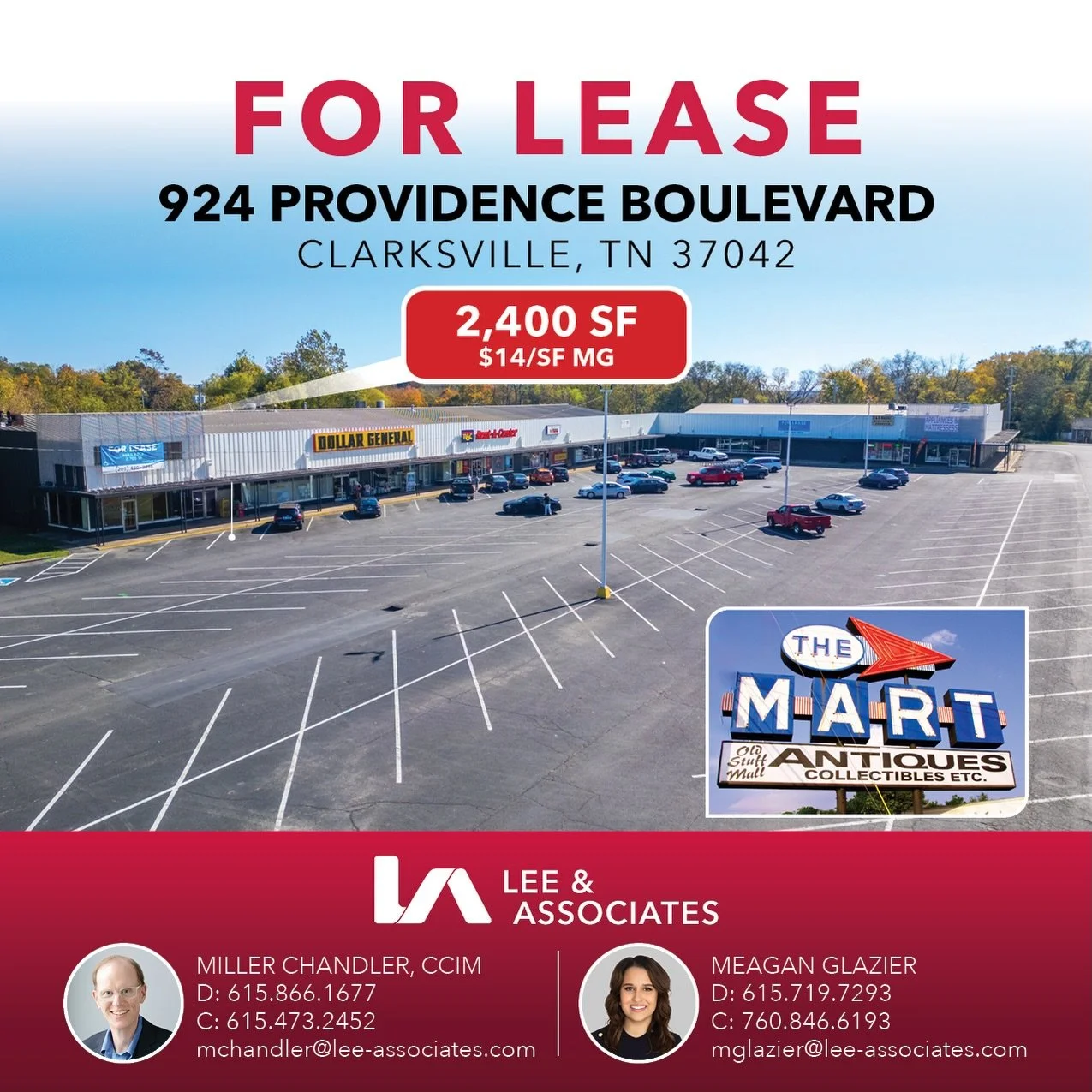 We have 2,400 SF of end-cap retail space available FOR LEASE at The Mart, located at 924 Providence Blvd in Clarksville, TN. This center is anchored by Dollar General and next to a very busy thoroughfare with 40k+ vehicles per day. 🚗🚙 Reach out to 