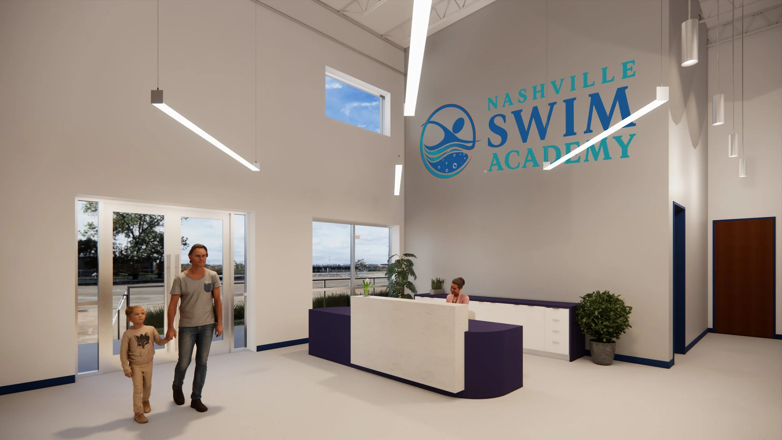 Interior of Nashville Swim Academy with a reception desk, two people walking in, large windows, and the Nashville Swim Academy logo on the wall.