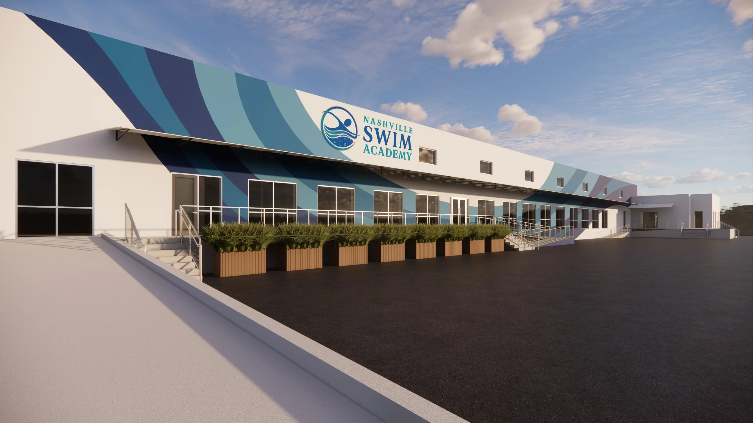 Rendering of the Nashville Swim Academy building with a white exterior, blue wave patterns, large windows, and an outdoor paved area.