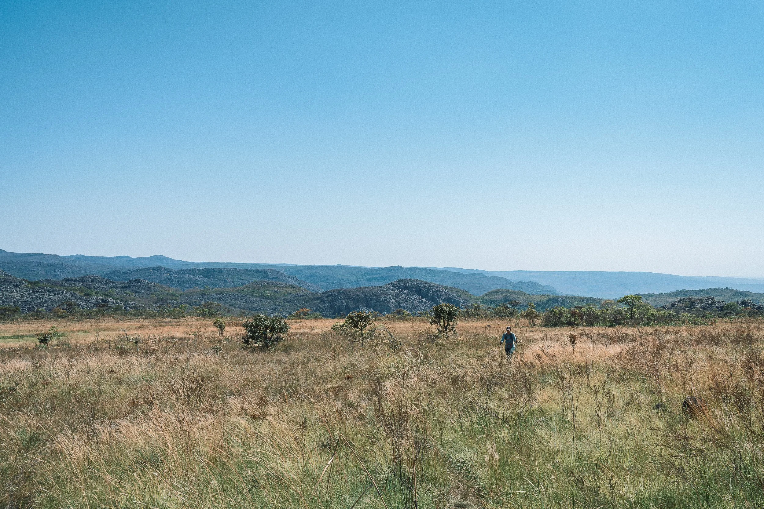 Elisa treks through a golden highland grassland with distant rocky ridges beneath a pale evening sky in Sempre Vivas National Park, Serra do Espinhaço.