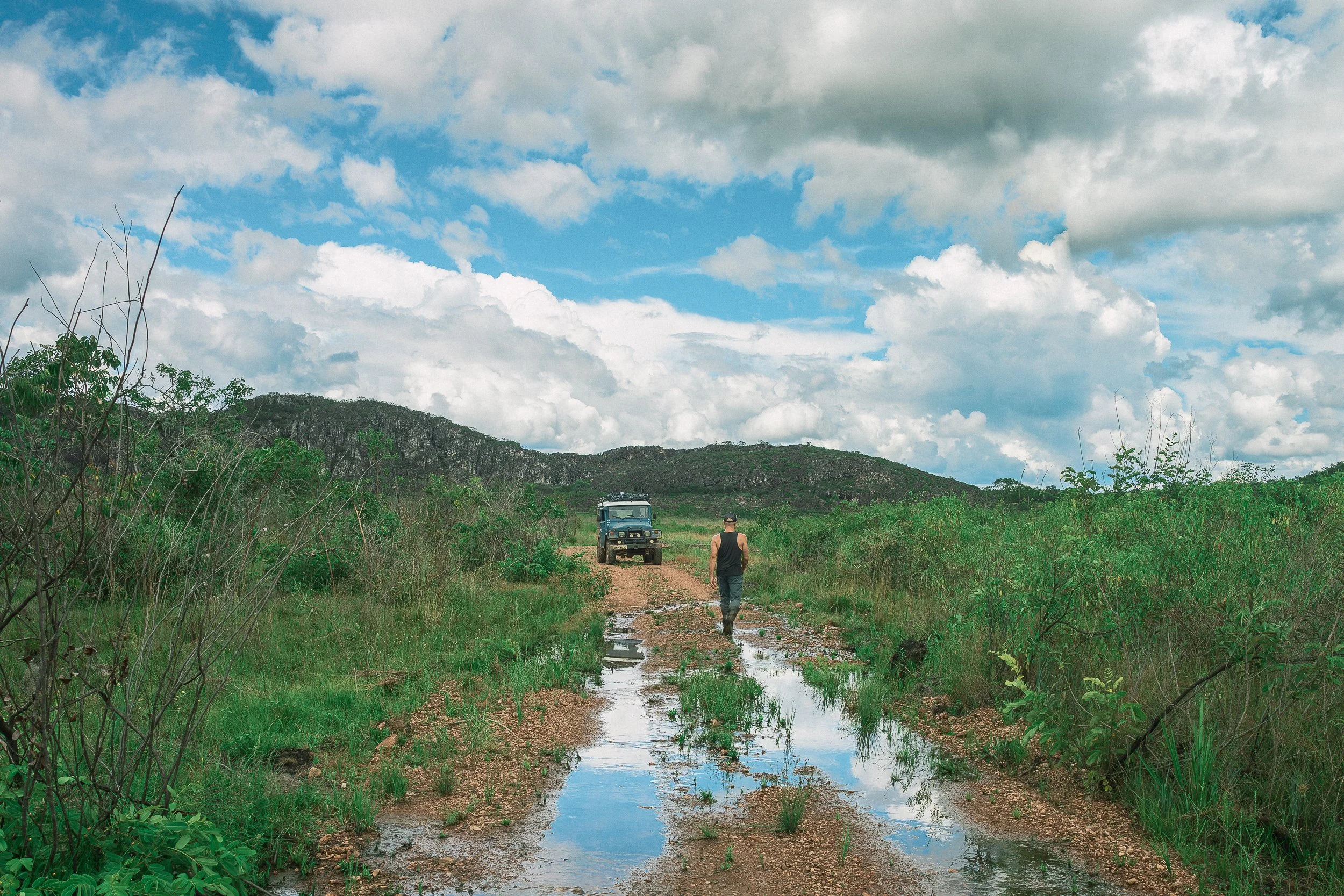 Eddie scouting the road conditions in Fazenda Burití, Sempre Vivas National Park