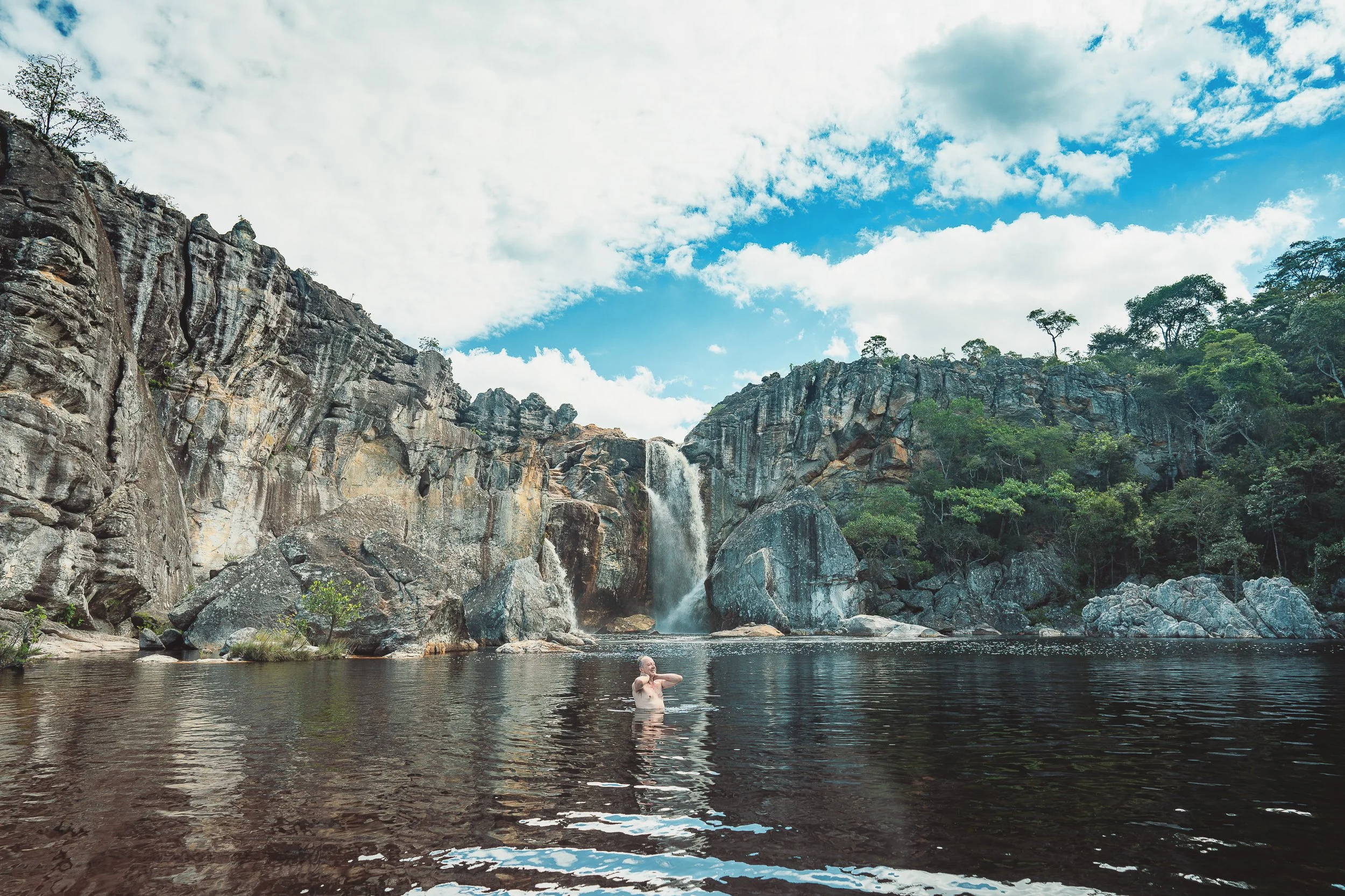 Swimming at Cachoeira dos Crioulos, Rio Preto State Park