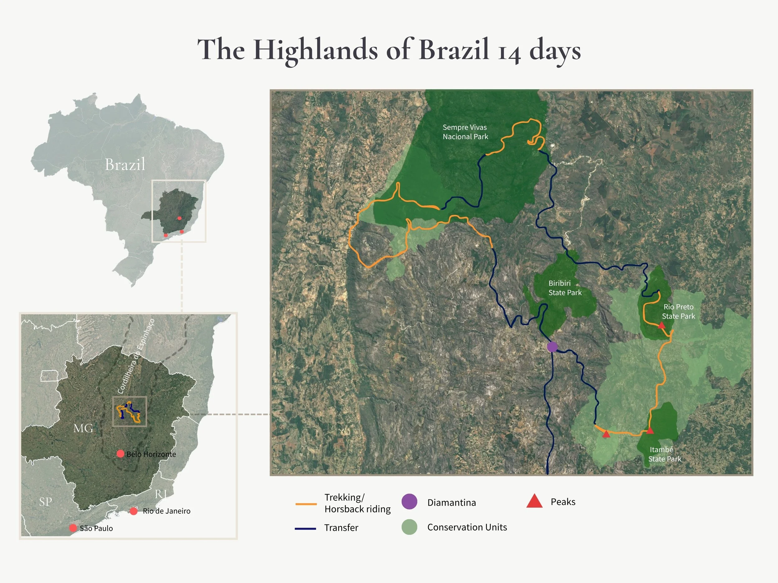 Map of Gift of Go's 14-day The Highlands of Brazil expedition in Brazil: protected conservation units, including September Vivas National Park, Biribiri, Rio Preto, and Itambé State Parks, and surrounding trekking, overlanding, and horseback routes.