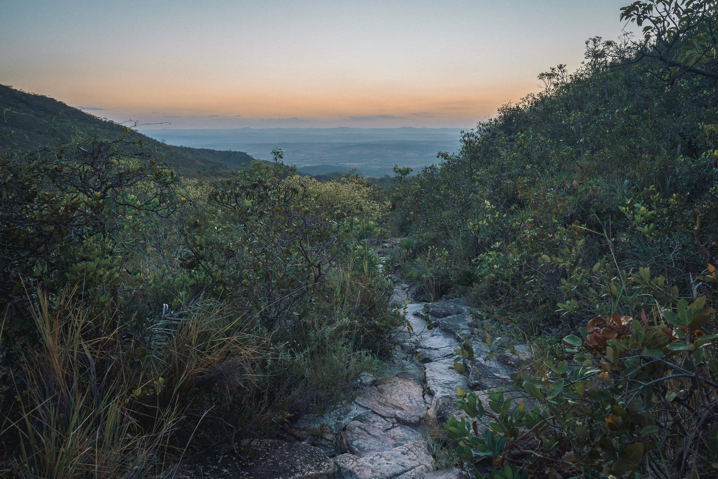 A rocky trail descends through shrubs at sunset, looking west toward the sertão and Pé de Serra.