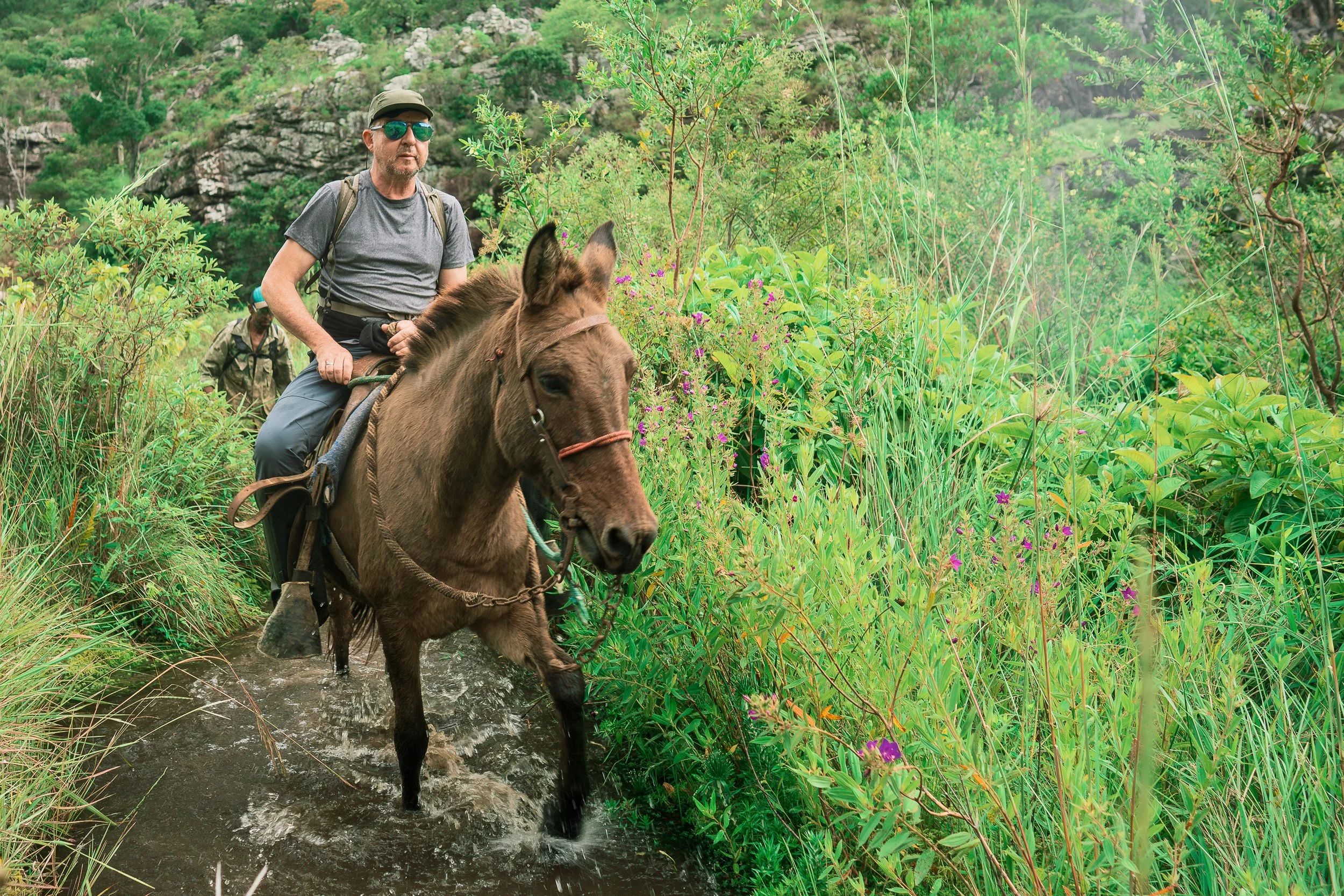 Paul riding a horse through a flooded trail in the Vale do Rio Preto, Sempre Vivas National Park