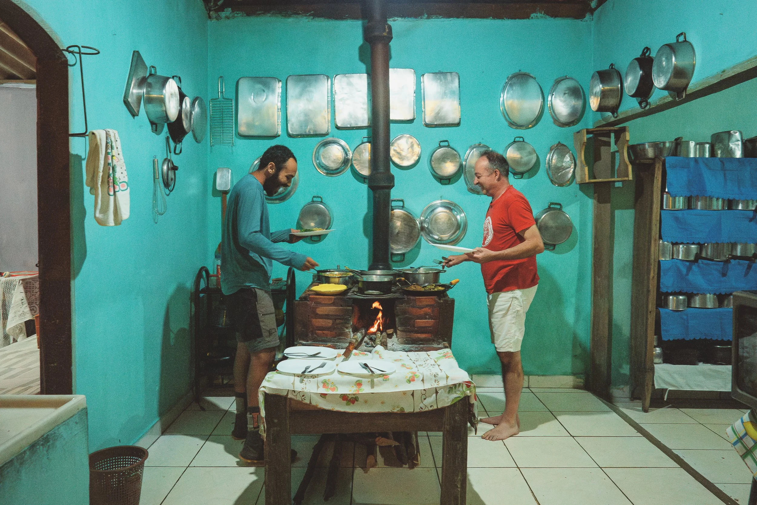 A wood-fired meal at Noêmia's house in Capivari, Minas Gerais: rice, beans, angú, pasta, and chicken and pork with vegetables