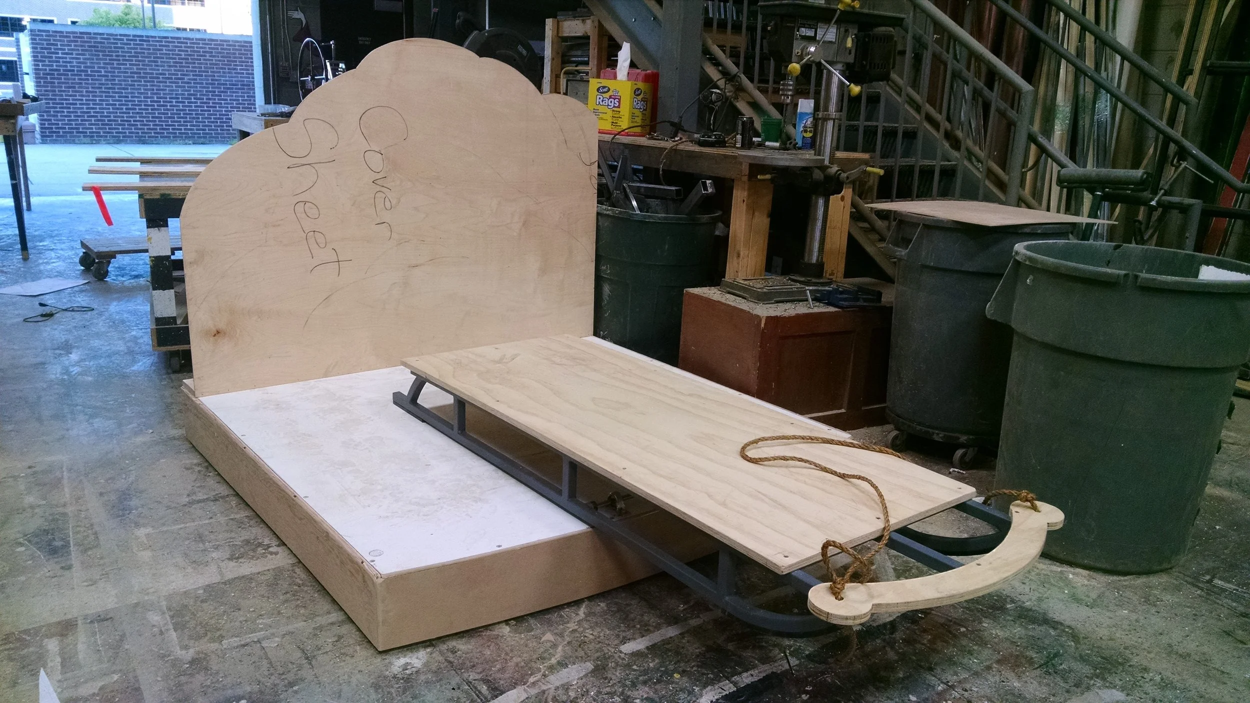 Rocking Sled - Bent & welded steel frame, plywood cover & wagon A Year With Frog & Toad Nashville Children's Theatre (2016)