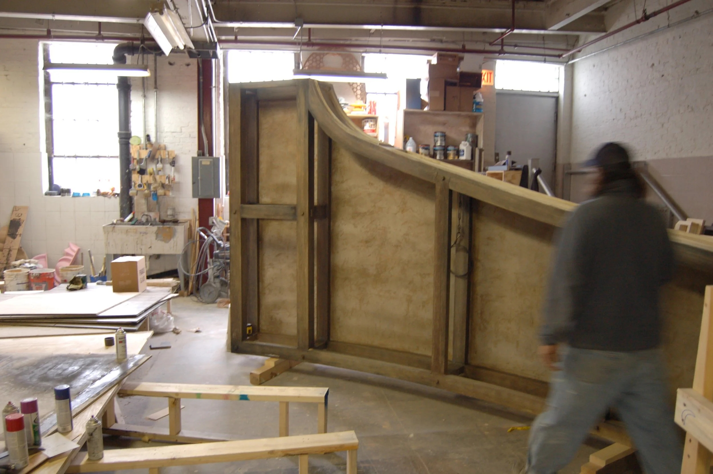 False Proscenium - inside is visible from audience as well. Aluminum frame is coated in Super 88 & painted.  Ragtime  - Drury Lane Oak Brook (2010) Carpenter & Welder, Crosstown Scenic