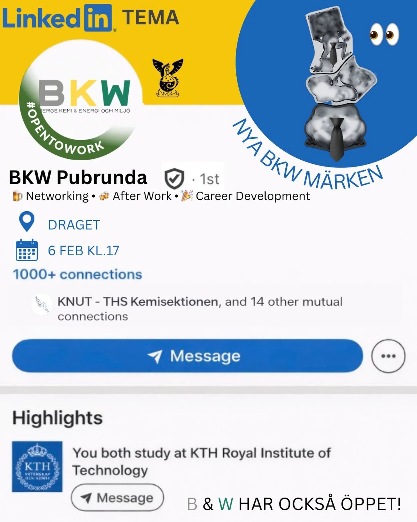 Nu p&aring; fredag 6/2 har pubarna p&aring; B, K &amp; W &ouml;ppet &ndash; alla under samma kv&auml;ll! 🎉
P&aring; K &auml;r det LinkedIn-tema, s&aring; g&ouml;r dig redo f&ouml;r en kv&auml;ll fylld med ikoniska vibbar, episka &ouml;gonblick och g