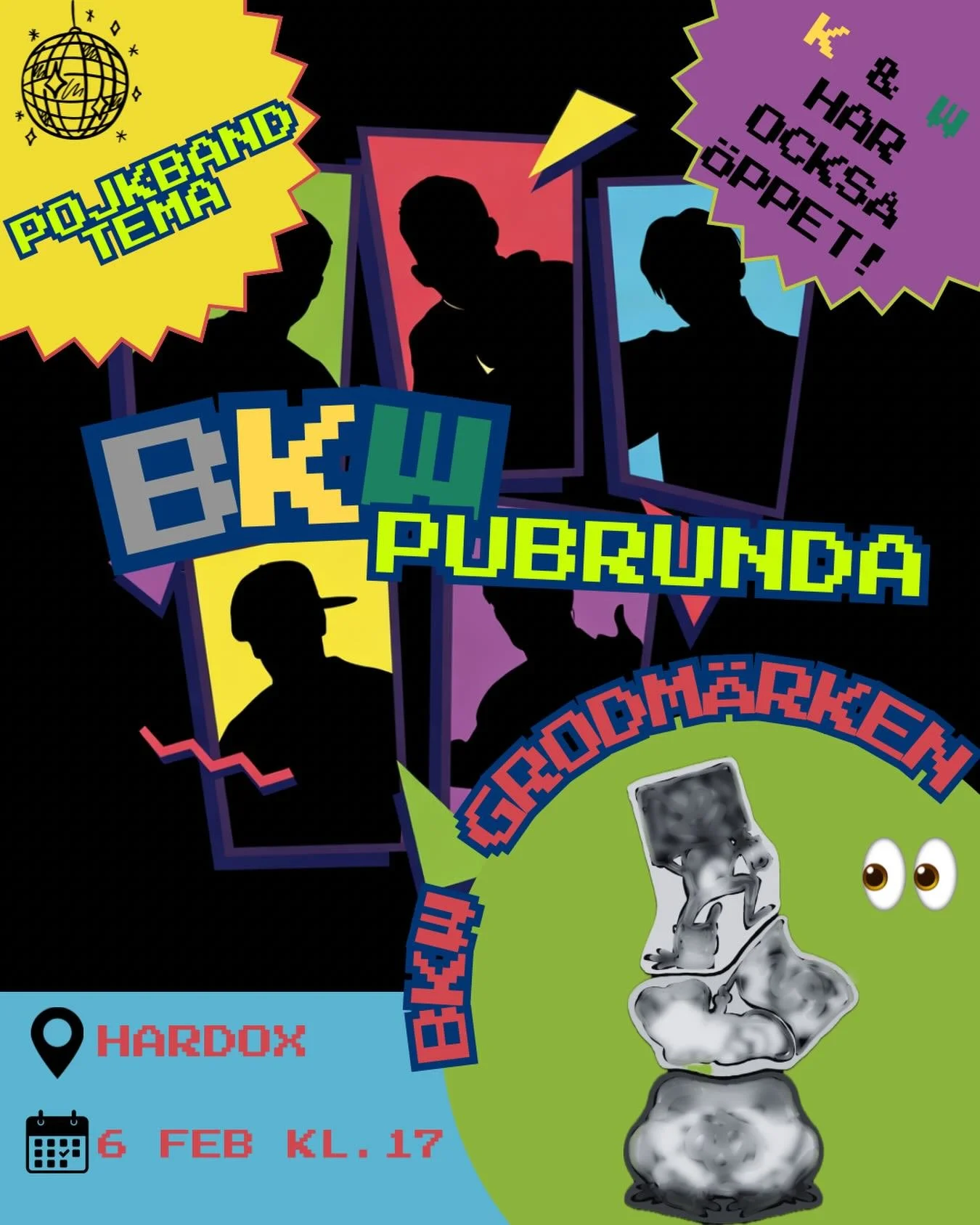 Nu p&aring; fredag 6/2 har pubarna p&aring; B, K &amp; W &ouml;ppet &ndash; alla under samma kv&auml;ll! 🎉
P&aring; B &auml;r det pojkbandstema, s&aring; g&ouml;r dig redo f&ouml;r en kv&auml;ll fylld med ikoniska vibbar, episka &ouml;gonblick och g