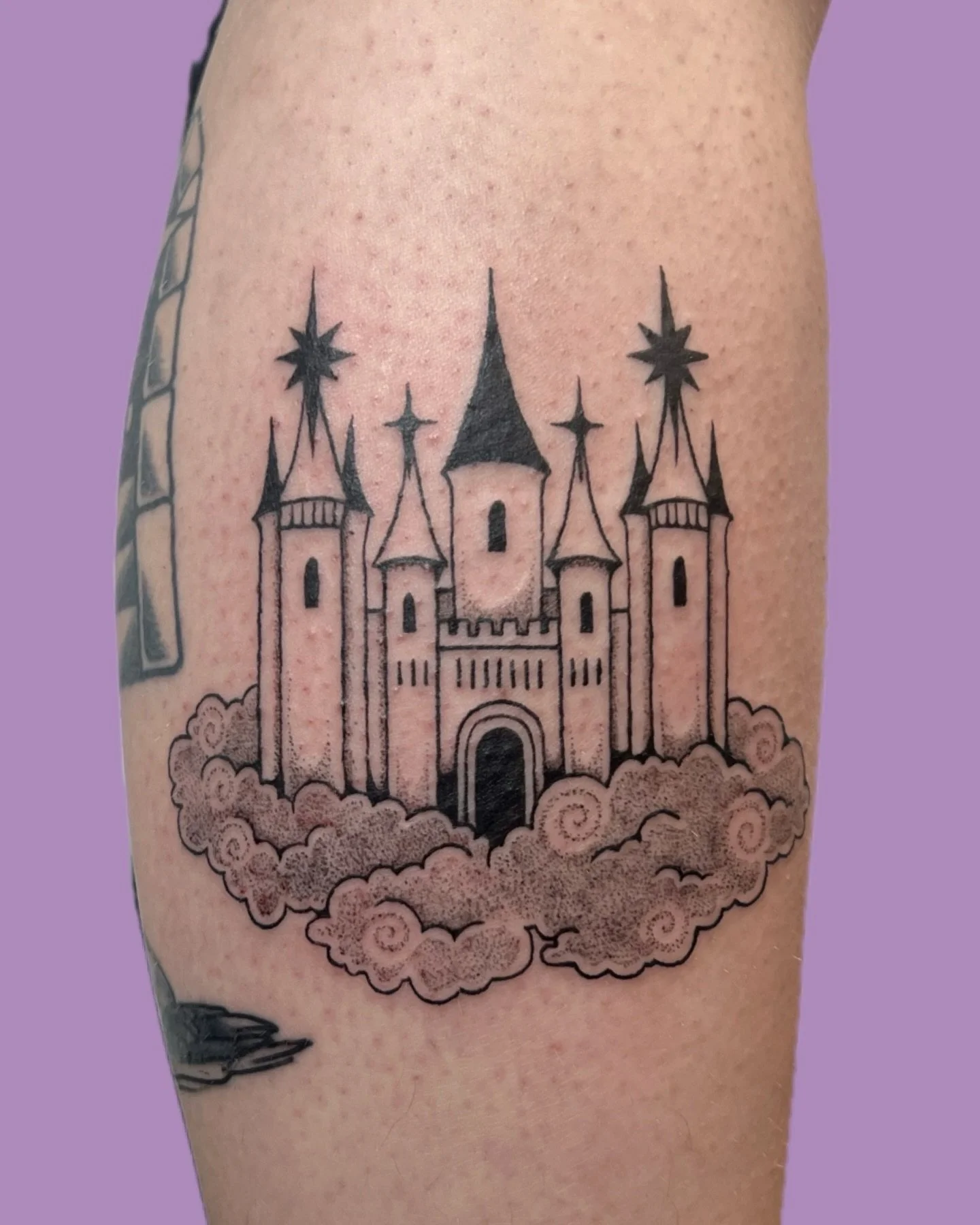 cloud castle calf tattoo for kaileigh ☁️🏰☁️ thanks so much :) plus freshly healed flying fish tattoo on the arm yayayay
