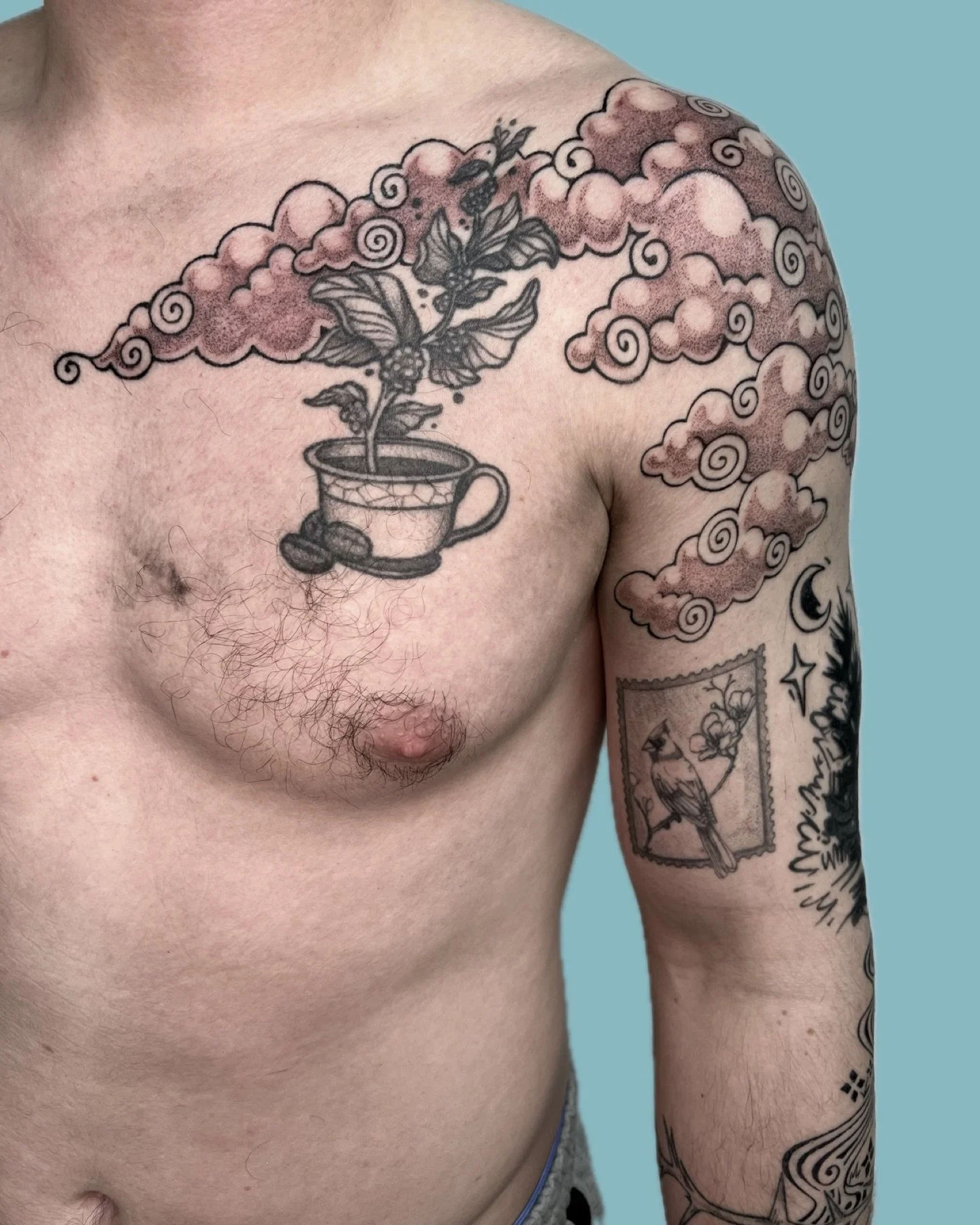 custom clouds for my friend jack ☁️ this sleeve is a work in progress we've been chipping away at! the clouds, moon and stars, river and flowers, and thorns are all by me, some healed some fresh. the illustrative pine tree is a reproduction from vint