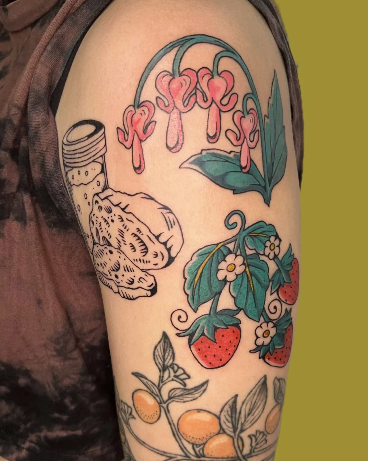 the fruits of a full day tattoo session for shelby 🍓🌷🐄🥖 plus some healed ones! thank you thank you thank you :)