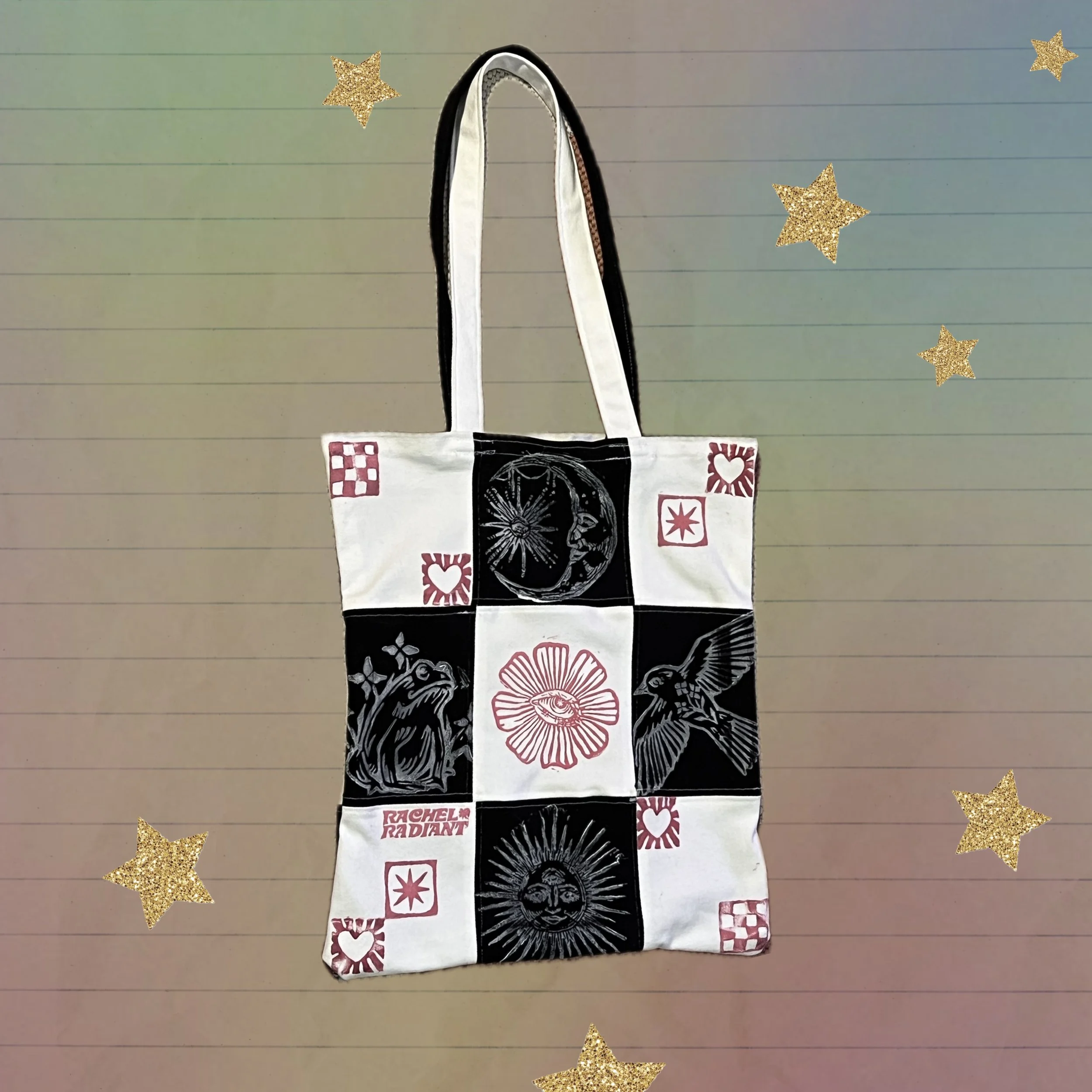 meticulously hand-printed individual radiant tile border with yin-yang rabbit design in the middle, designed carved and printed by rachel radiant