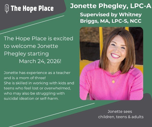 We are excited to welcome Jonette Phegley to The Hope Place!  Jonette is available to see clients starting March 24, 2026, and works children, teens, and adults. 

To view her availability, you can go to https://www.hopeplacetx.com/jonette-phegley?ut