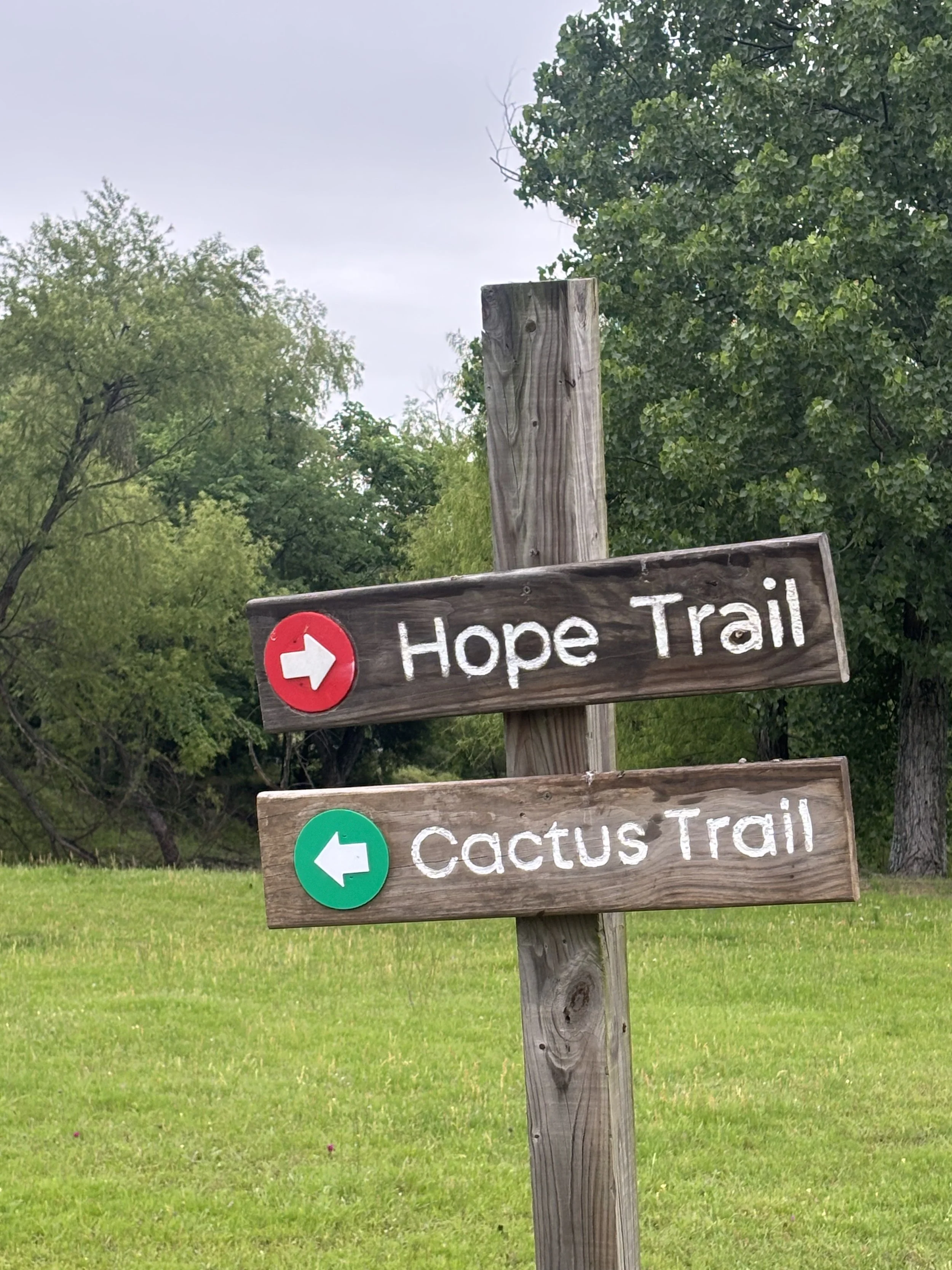 Wooden trail signs with white and red arrow markers, one pointing right labeled "Hope Trail" and one pointing left labeled "Cactus Trail," set against a grassy area with trees and a cloudy sky in the background.