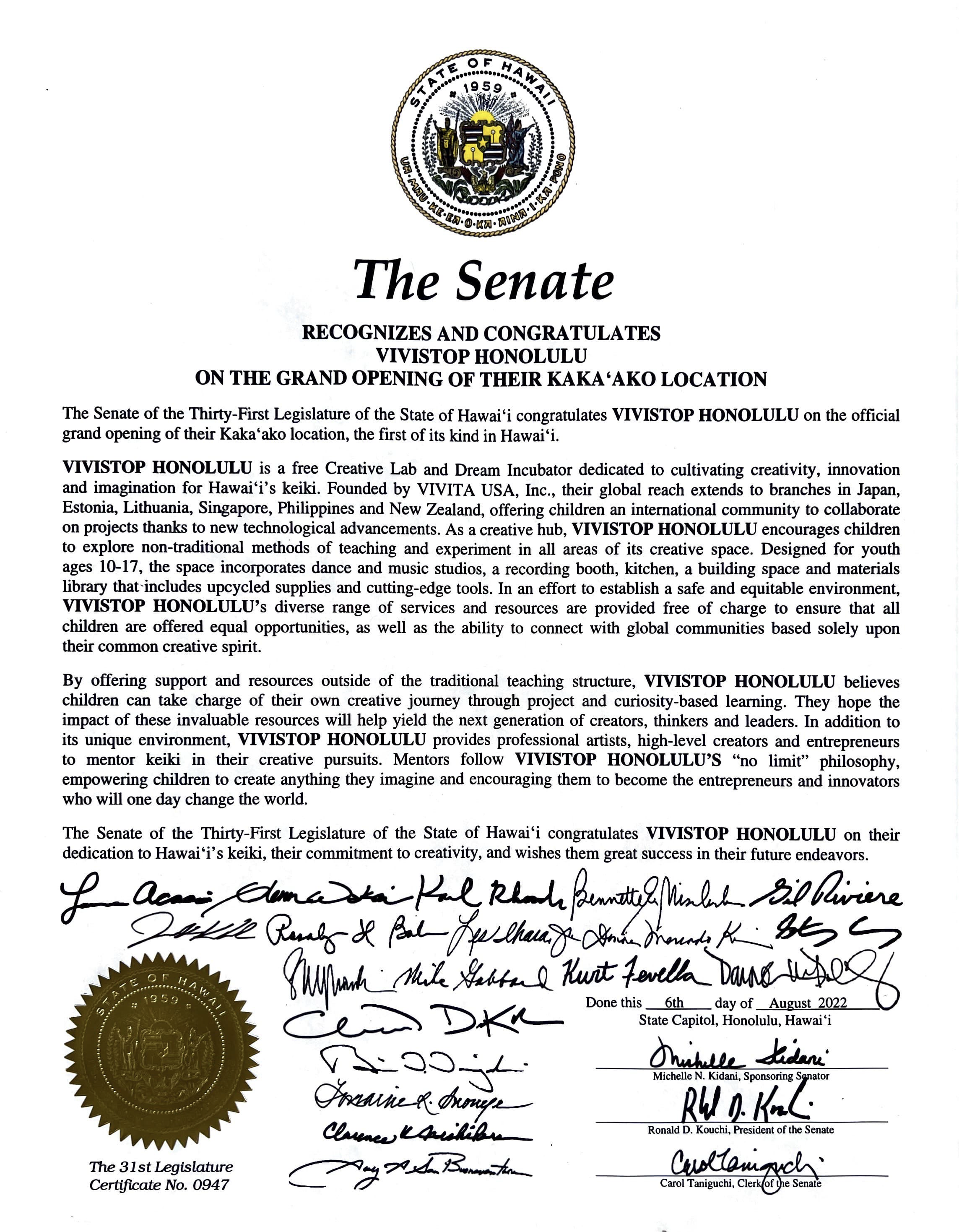 The Senate (HI) congratulates Vivita on Grand Opening