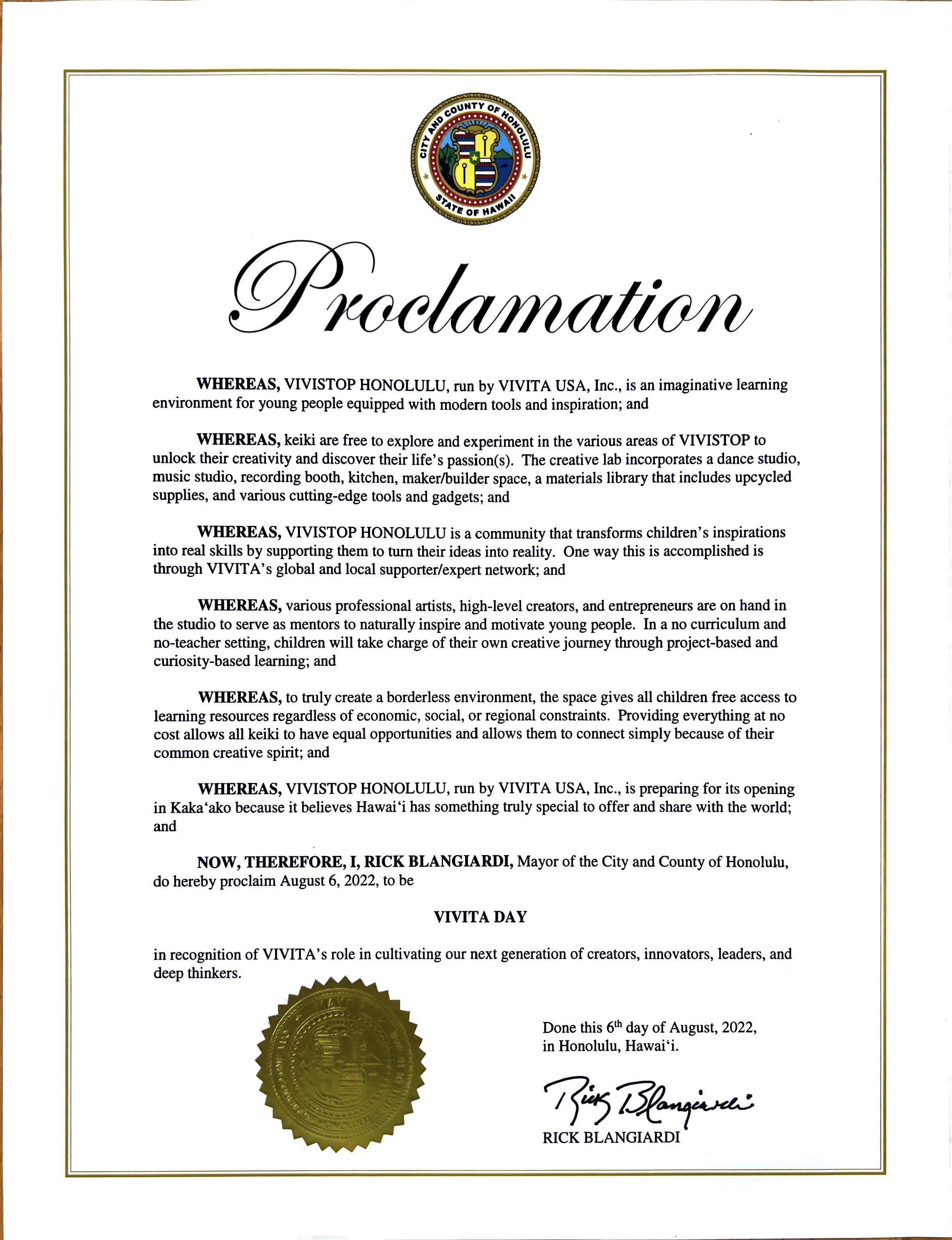 Mayor Rick Blangiardi proclaims Aug 6 as Vivita Day