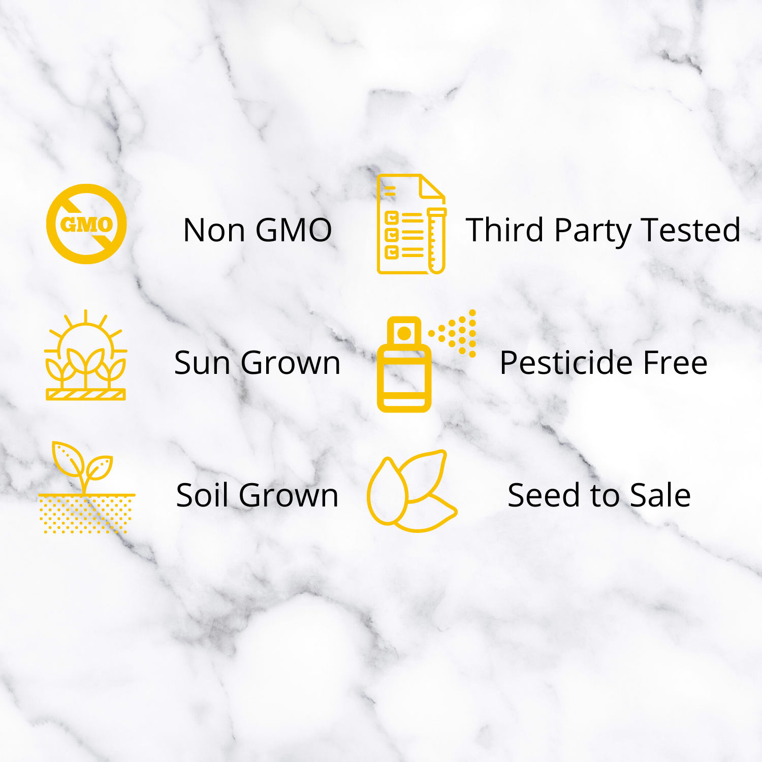 Non-gmo, third party tested, pesticide free, sun grown, soil grown, seed to sale image. These are classifiers for natural cbd powder product.
