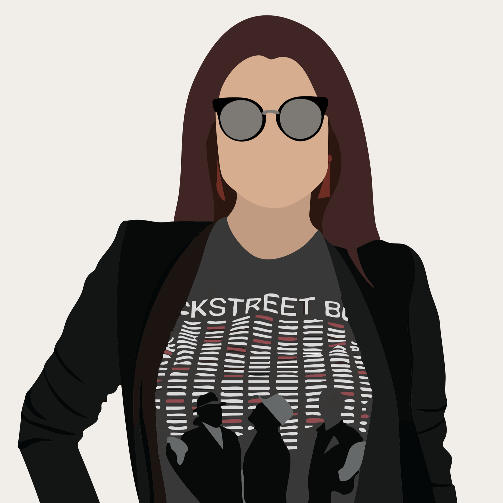 Woman with brown hair wearing a boy band t-shirt