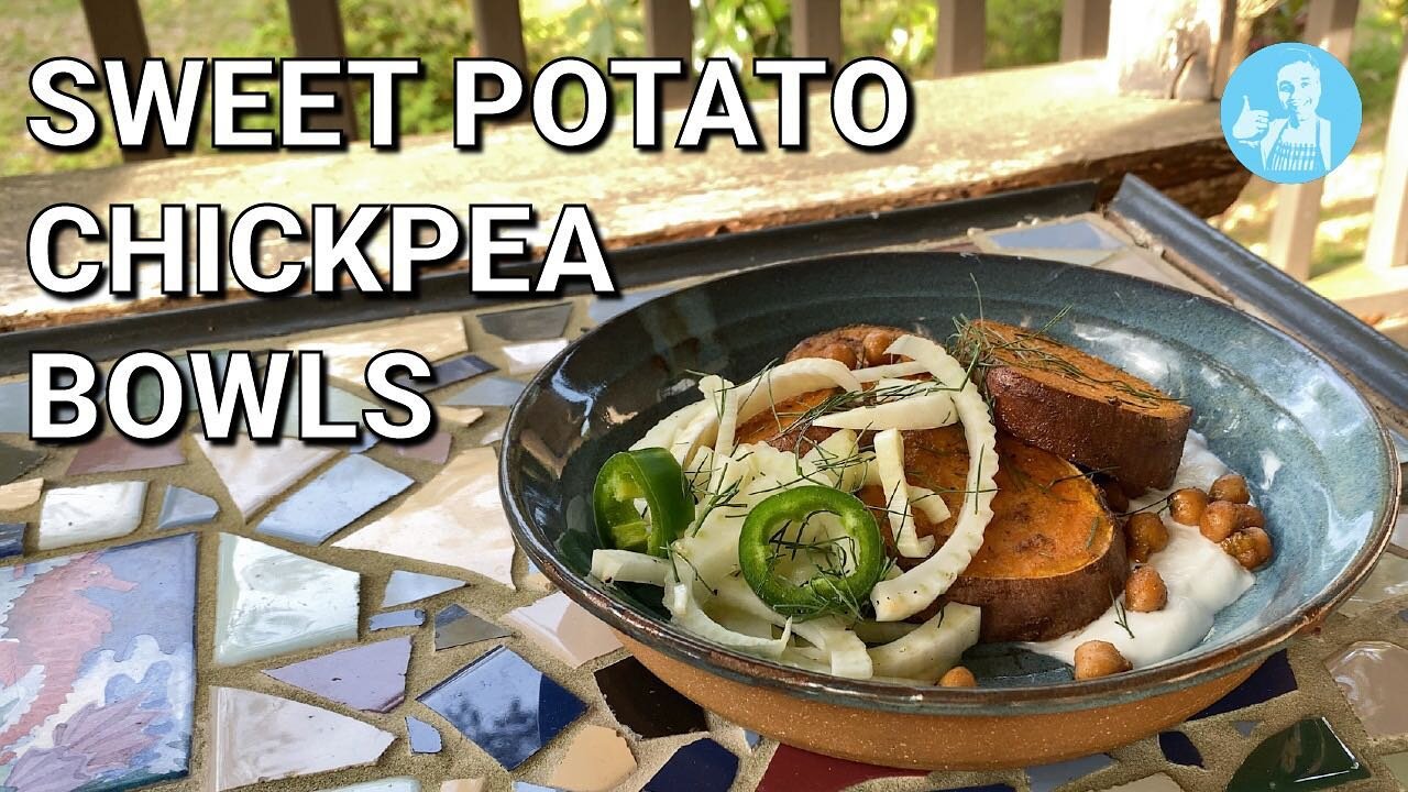 NEW VIDEO! Link in the bio! Sweet Potato Chickpea Bowls with Fennel Slaw, a super simple new with complex contrasting flavors.