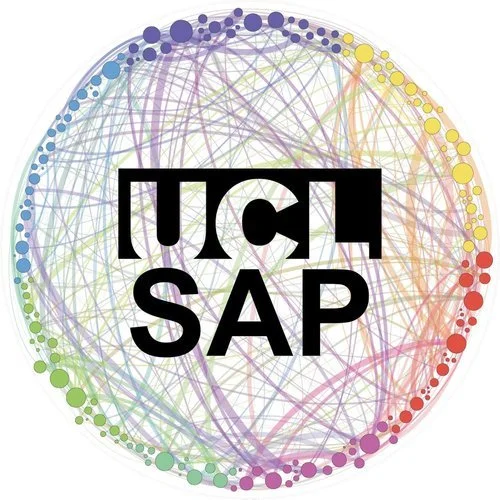 Colorful circular graphic with interconnected lines surrounding the text "UCL SAP" in bold black letters.