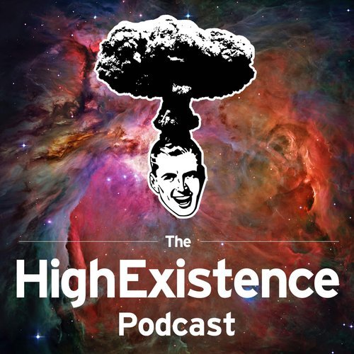 A graphic featuring a cartoon man's smiling face with a large explosion mushroom cloud on top of his head against a colorful space background, with the text "The HighExistence Podcast."