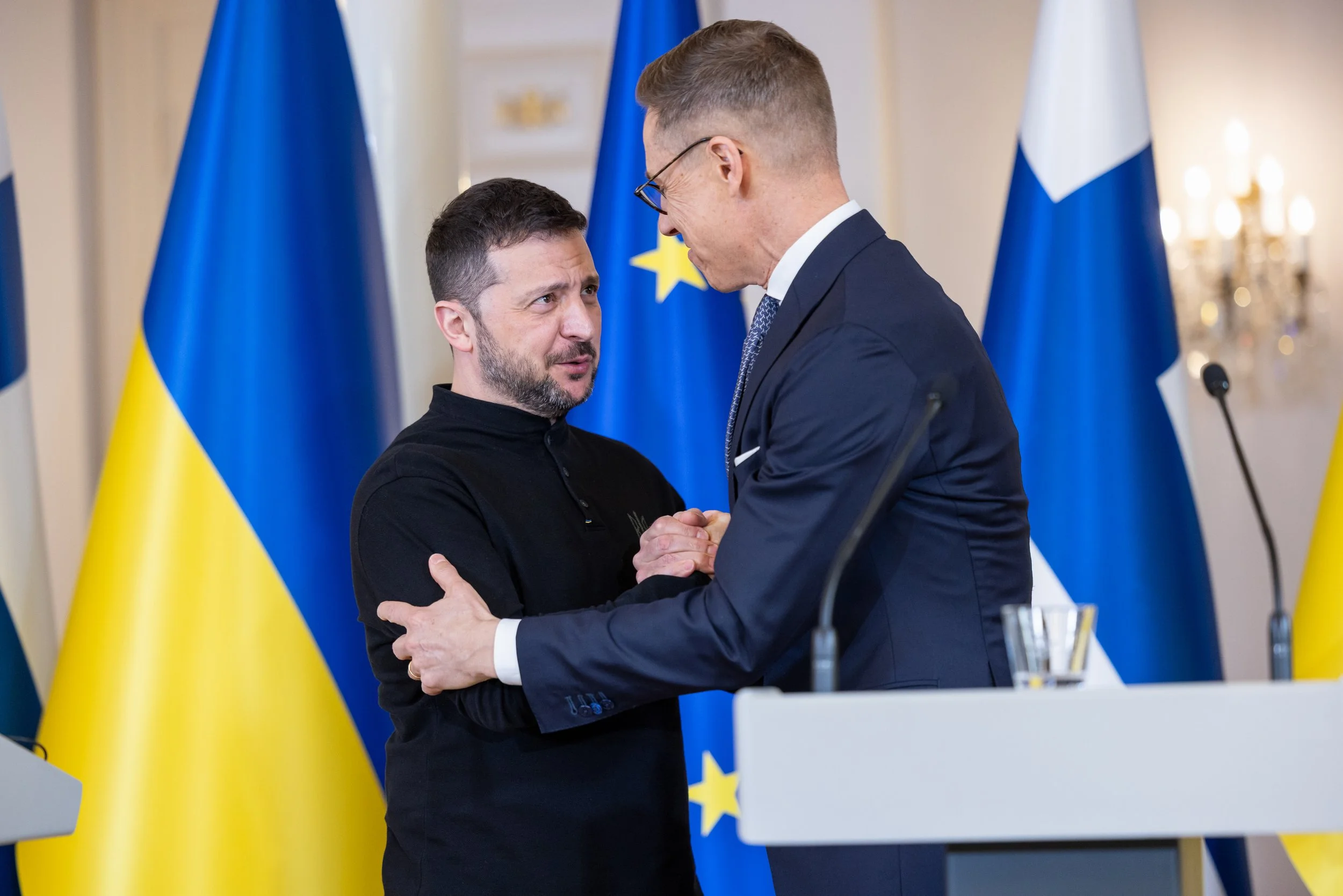 President of Ukraine, Volodymyr Zelenskyi, hugs President Alexander Stubb at the end of a press conference in Helsinki, Finland 19.3.2025.

Picture was published in Helsingin Sanomat.