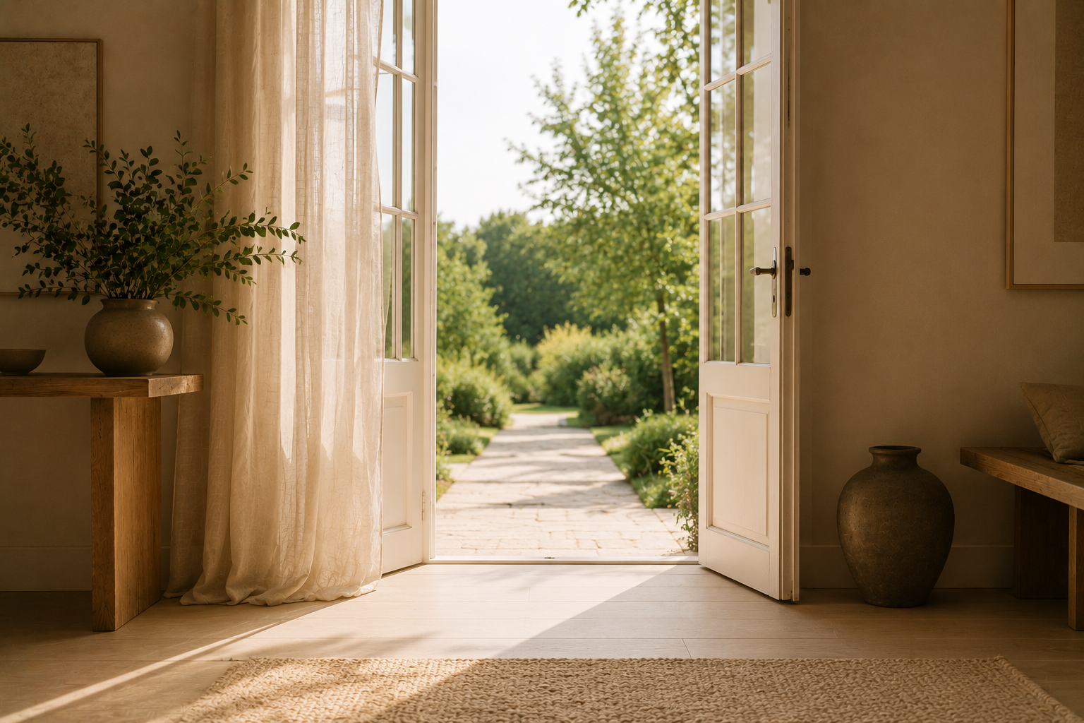 An open doorway onto bright outdoors