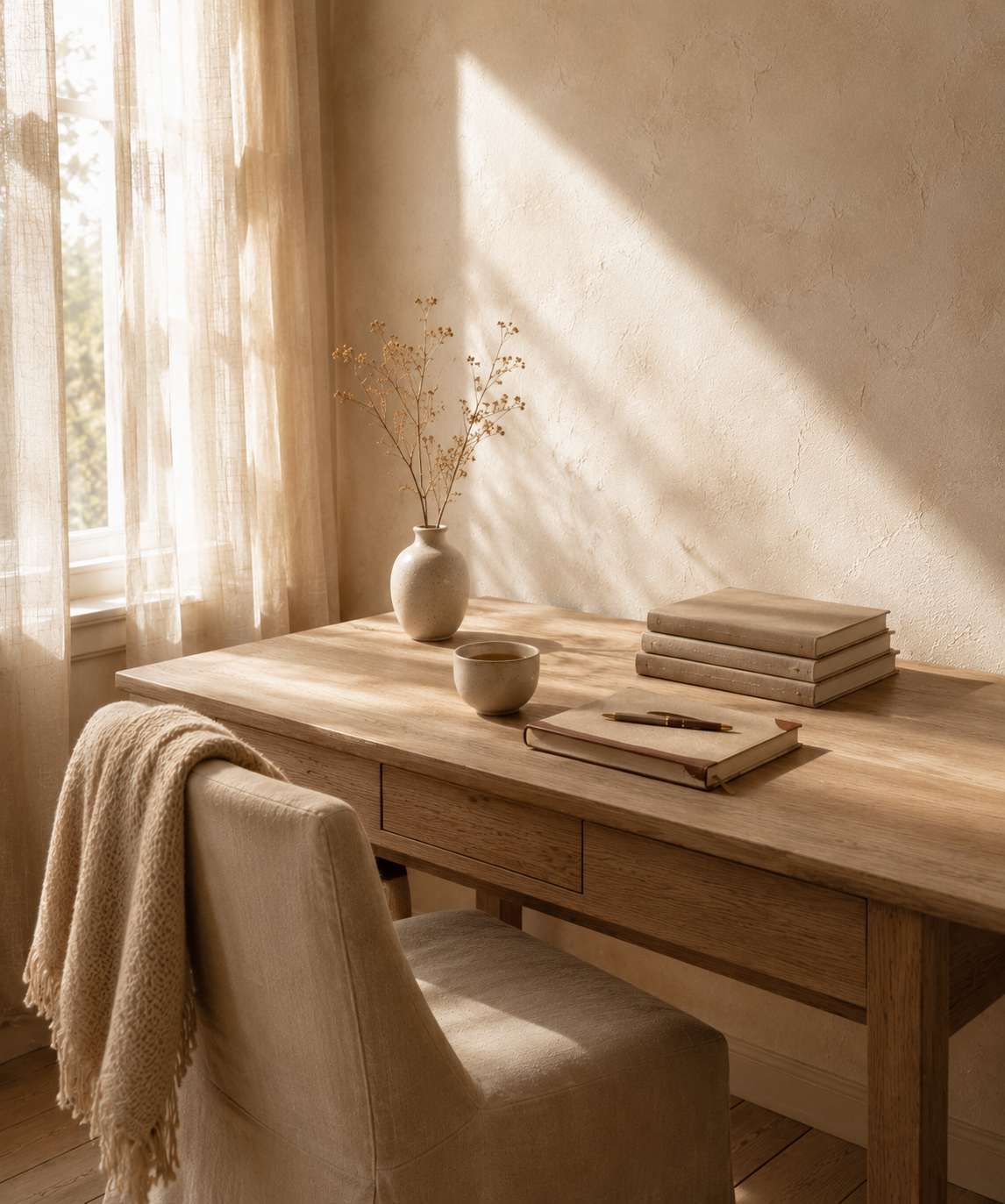A calm, sunlit home setting — warm linen, oak and ceramics